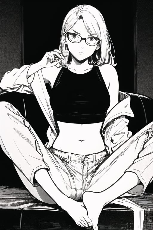 1girl, solo, long hair, breasts, looking at viewer, bangs, blonde hair, brown hair, shirt, navel, holding, bare shoulders, brown eyes, jewelry, medium breasts, sitting, jacket, multicolored hair, food, open clothes, glasses, barefoot, sleeveless, midriff, pants, off shoulder, stomach, feet, open jacket, crop top, black shirt, sleeveless shirt, gradient hair, toes, soles, black pants, abs, holding food, plant, candy, couch, jacket, toned, lollipop, round eyewear, holding candy, holding lollipop,,retro,retro_artstyle,ms,retro_artstyle,manga, monochrome,(masterpiece,best quality,HD,4K),lineart,ms,greyscale,b&w,
