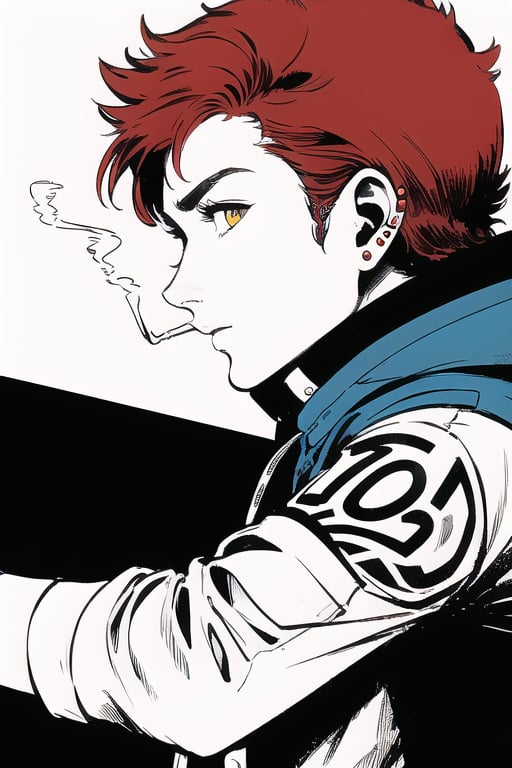 Best quality, masterpiece, 1boy, red hair, short hair, yellow eyes, spiky hair, tattoos, black pants, upper body, ear piercings, blue and white bomber jacket, profile picture,looking_at_viewer, smoking,greyscale,lineart,retro_artstyle,ms