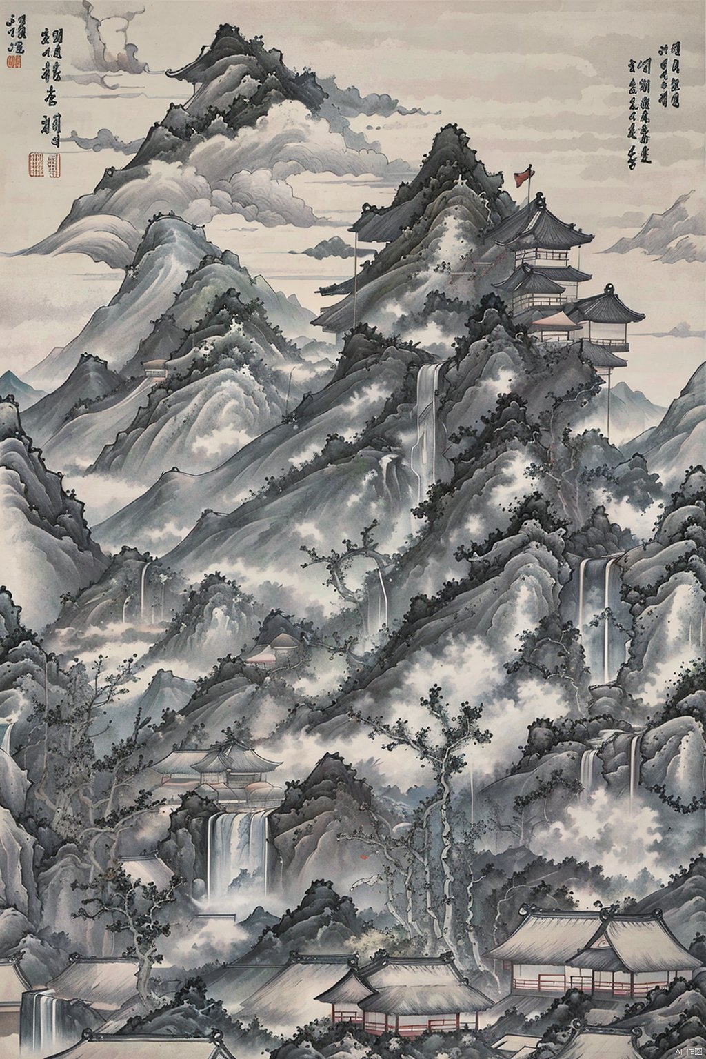  Traditional Chinese landscape painting, Chinese freehand brushwork, Qing Dynasty landscape painter Gong Xian style, mountains, trees, waterfalls, water flow, ink accumulation method, heavy,vast国画