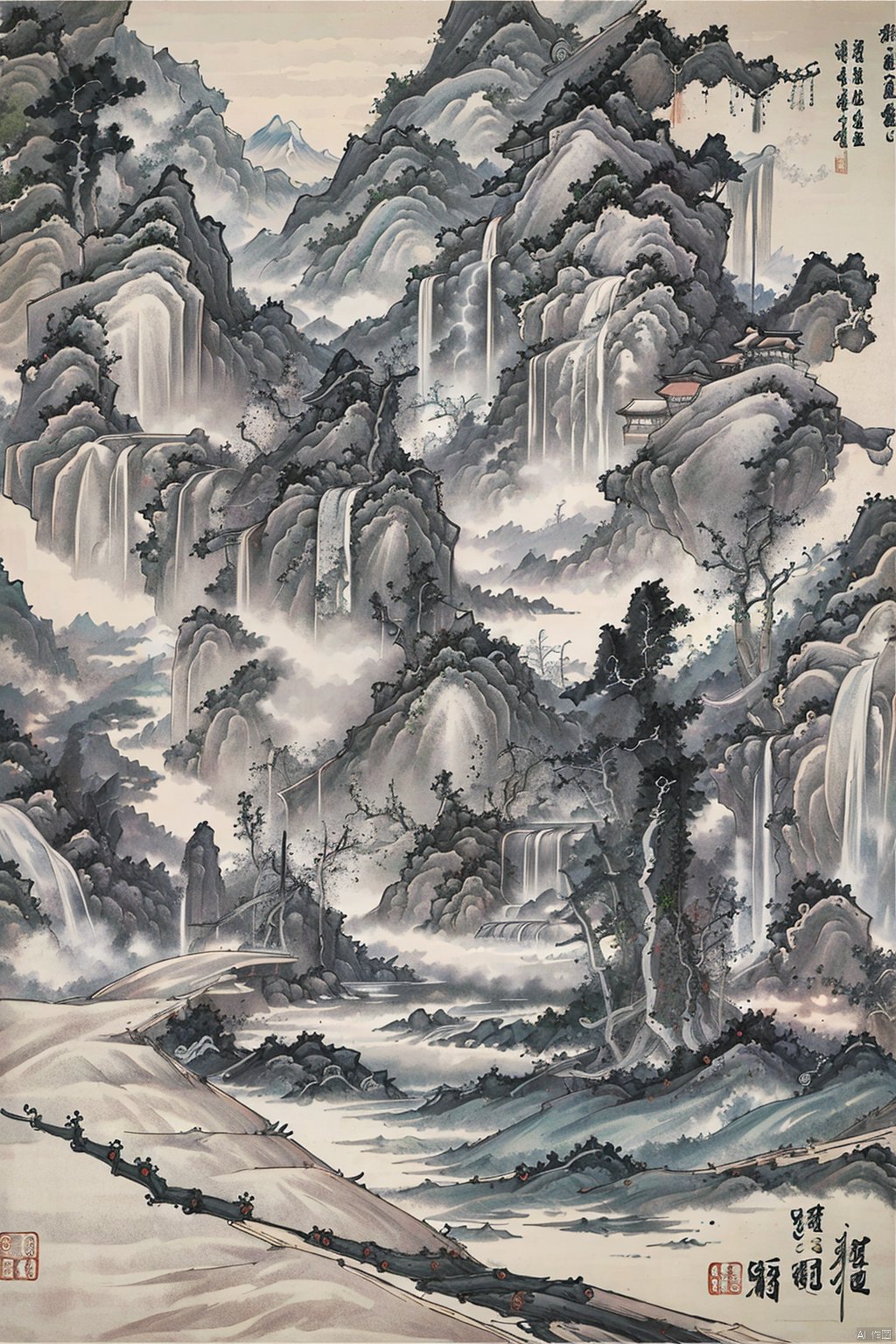 Traditional Chinese landscape painting, Chinese freehand brushwork, Qing Dynasty landscape painter Gong Xian style, trees,mountains, trees, waterfalls, water flow, ink accumulation method, heavy, vast国画