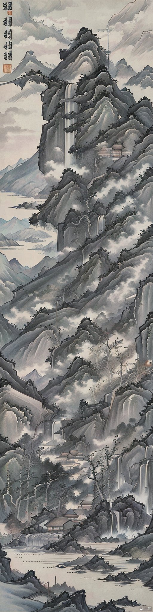  Traditional Chinese landscape painting, Chinese freehand brushwork, Qing Dynasty landscape painter Gong Xian style, mountains, trees, waterfalls, water flow, ink accumulation method, heavy,vast国画