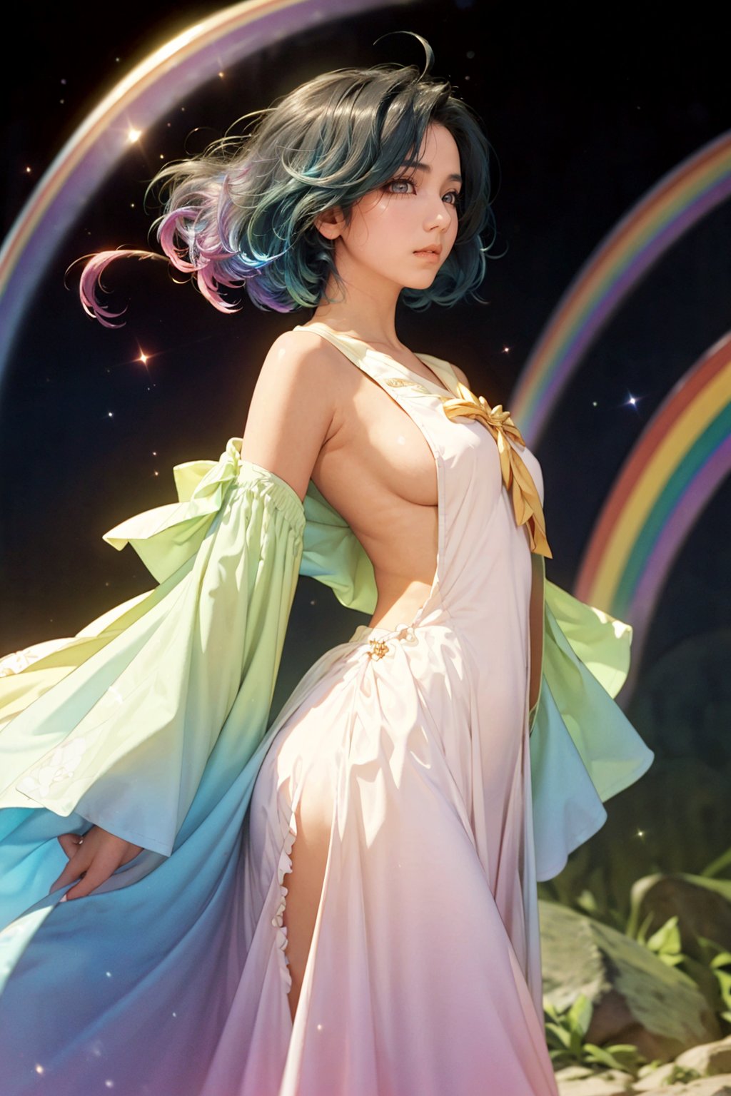 ((extremely detailed CG)),((8k_wallpaper)),(((masterpiece))),((best quality)),watercolor_(medium),((beautiful detailed starry sky)),cinmatic lighting,loli,princess,very long rainbow hair,side view,looking at viewer,full body,frills,(far from viewer),((extremely detailed face)),((an extremely delicate and beautiful girl)),((extremely detailed cute anime face)),((extremely detailed eyes)),(((extremely detailed body))),(ultra detailed),illustration,((bare stomach)),((bare shoulder)),small breast,((sideboob)),((((floating and rainbow hair)))),(((Iridescence and rainbow hair))),(((extremely detailed sailor dress))),((((Iridescence and rainbow dress)))),(Iridescence and rainbow eyes),beautiful detailed hair,beautiful detailed dress,dramatic angle,expressionless,(big top sleeves),frills,blush,(ahoge)