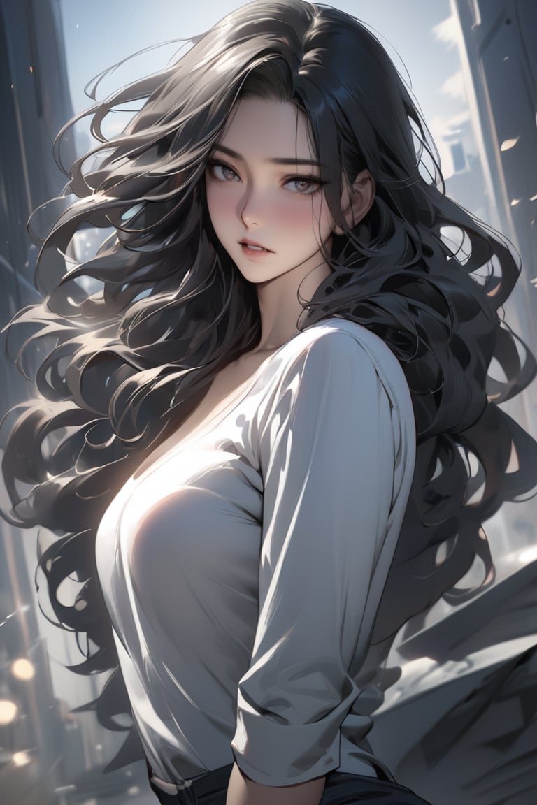 (masterpiece,  best quality:1.3),  (detailed manga illustration:1.2),  dynamic cinematic view,  chiaroscuro,  1girl,  solo,  long hair,  looking at viewer,  shirt,  LONG BLACK hair,  upper body,  parted lips,  wavy hair,<lora:EMS-266136-EMS:1.000000>