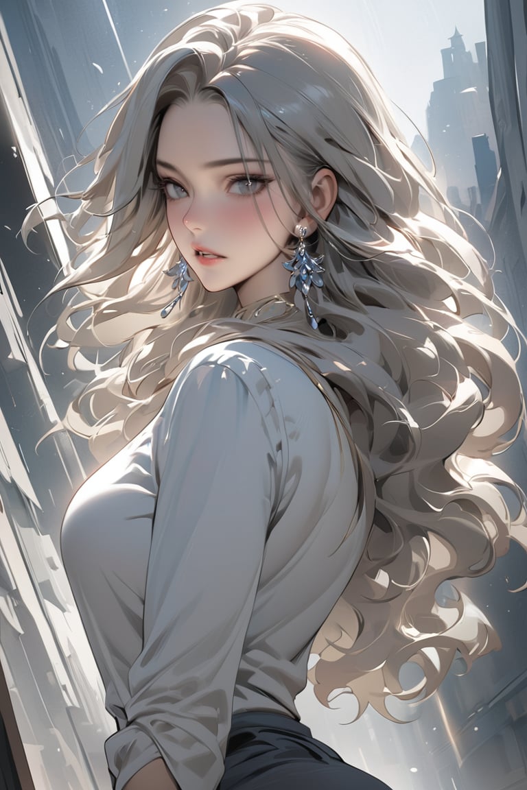 (masterpiece,  best quality:1.3),  (detailed manga illustration:1.2),  dynamic cinematic view,  chiaroscuro,  1girl,  solo,  long hair,  looking at viewer,  shirt,  LONG hair,  jewelry,  upper body,  earrings,  parted lips,  grey eyes,  wavy hair,<lora:EMS-266136-EMS:1.000000>