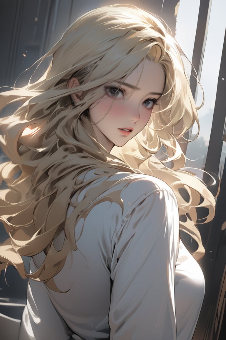 (masterpiece,  best quality:1.3),  (detailed manga illustration:1.2),  dynamic cinematic view,  chiaroscuro,  1girl,  solo,  long hair,  looking at viewer,  shirt,  LONG BLONDE hair,  BLACK EYES,  upper body,  parted lips,  wavy hair,<lora:EMS-266136-EMS:1.000000>