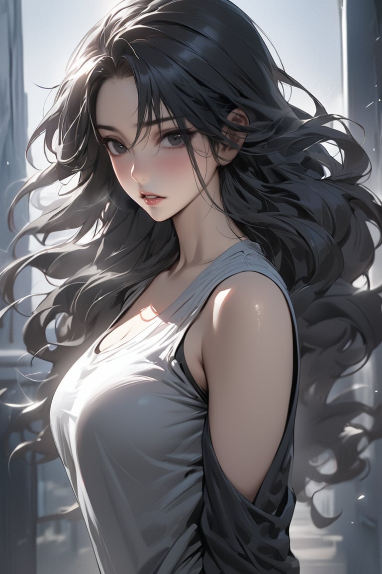 JAPAN NINJA,  (masterpiece,  best quality:1.3),  (detailed manga illustration:1.2),  dynamic cinematic view,  chiaroscuro,  1girl,  solo,  long hair,  looking at viewer,  shirt,  LONG BLACK hair,  BLACK EYES,  upper body,  parted lips,  wavy hair,<lora:EMS-266136-EMS:1.000000>