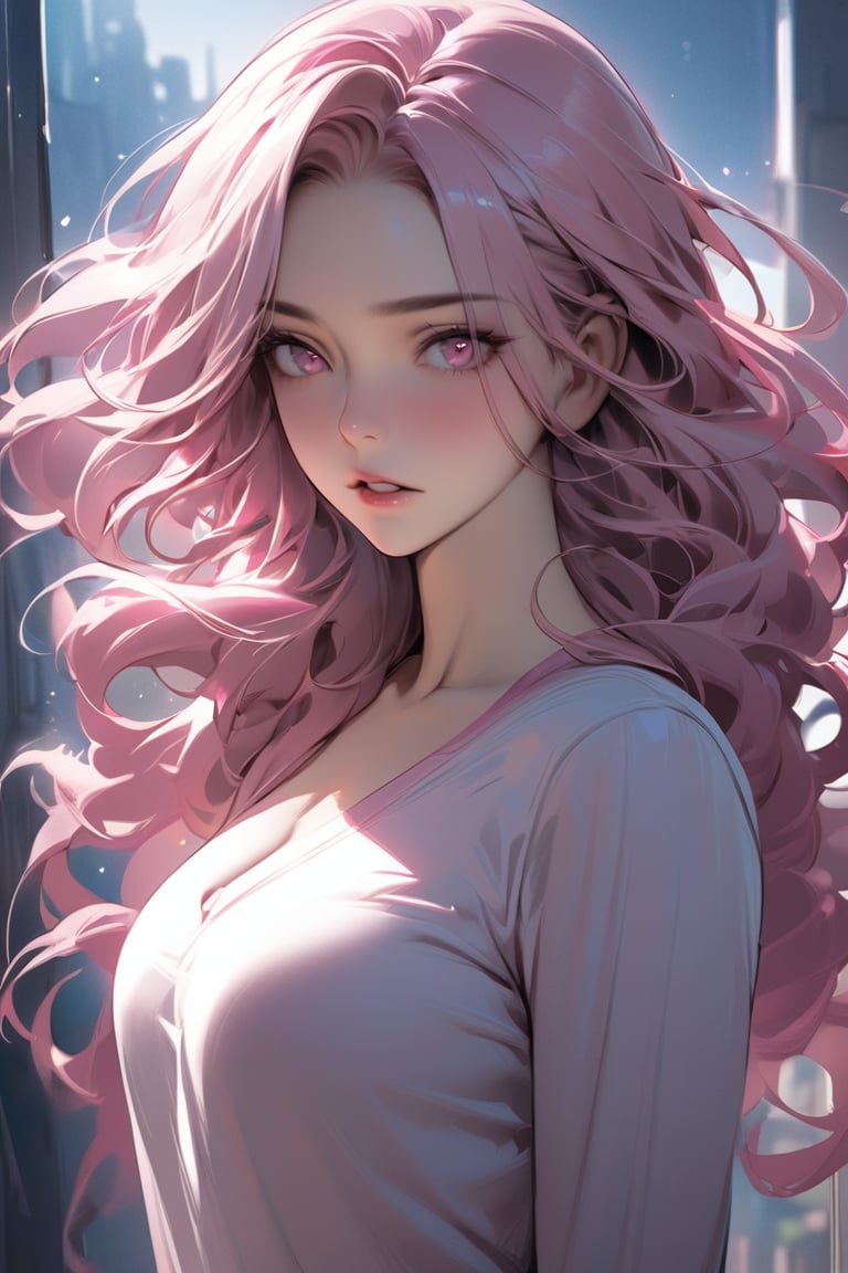 (masterpiece,  best quality:1.3),  (detailed manga illustration:1.2),  dynamic cinematic view,  chiaroscuro,  1girl,  solo,  long hair,  looking at viewer,  shirt,  LONG PINK hair,  PINK EYES,  upper body,  parted lips,  wavy hair,<lora:EMS-266136-EMS:1.000000>