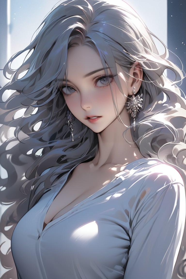 (masterpiece,  best quality:1.3),  (detailed manga illustration:1.2),  dynamic cinematic view,  chiaroscuro,  1girl,  solo,  long hair,  looking at viewer,  shirt,  LONG hair,  jewelry,  upper body,  earrings,  parted lips,  grey eyes,  wavy hair,<lora:EMS-266136-EMS:1.000000>