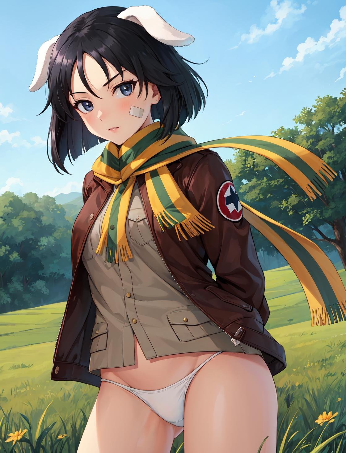 masterpiece, best quality, highres,NaoeDef, 1girl, solo, short hair, black hair, bangs, blue eyes, animal ears, black eyes, dog ears, dog tail, dog girl,shirt, long sleeves, gloves, underwear, panties, jacket, tail, open clothes, striped, scarf, uniform, military, military uniform, bandaid, brown gloves, brown jacket, bandaid on face, crotch seam, striped scarf, yellow scarf, white panties,spread legs, cowboy shot, arms behind back, leaning back, looking at viewer, outdoors, grass, field, forest, sunlight, sky, blue sky, <lora:Naoe:1>, kanno naoe,