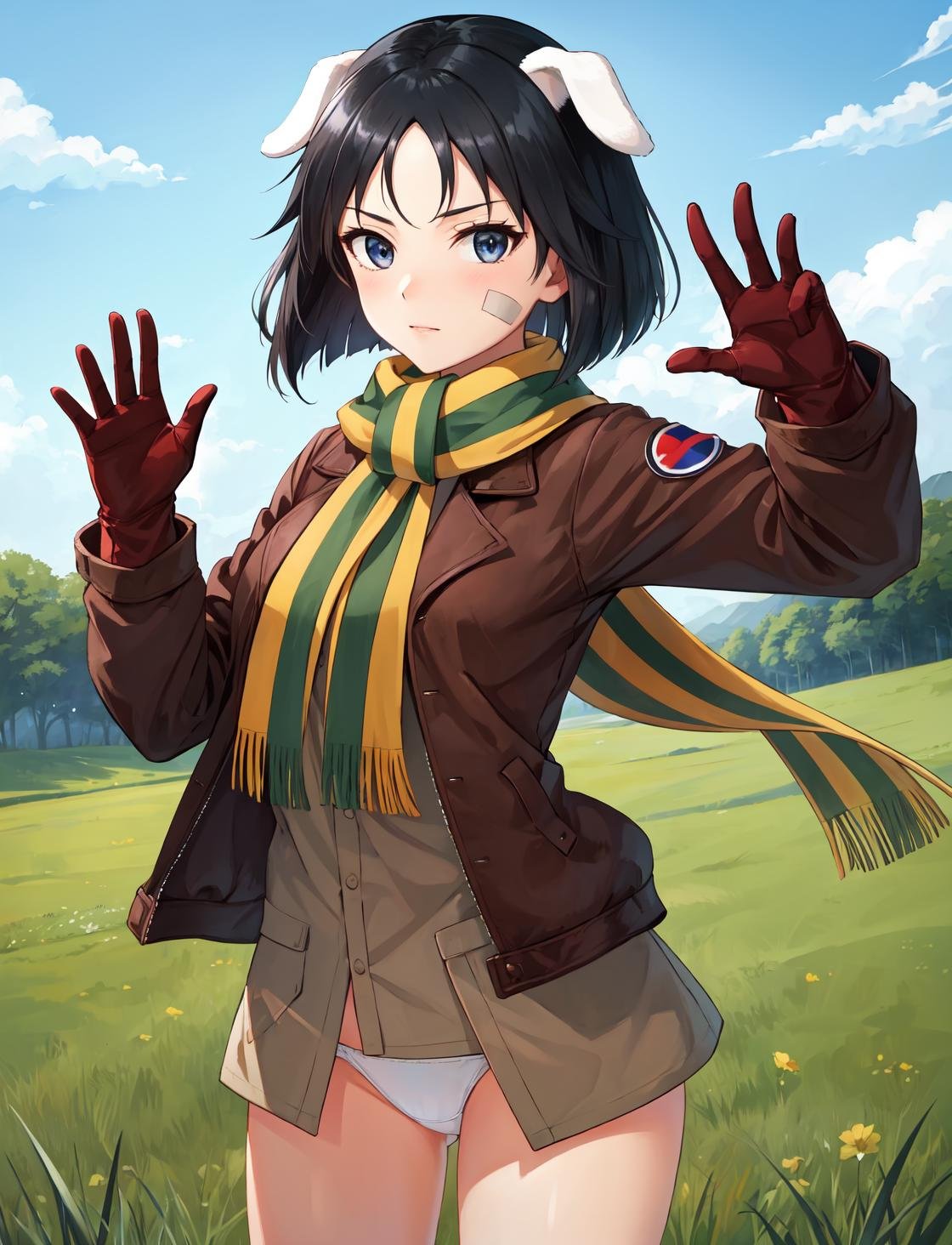 masterpiece, best quality, highres,NaoeDef, 1girl, solo, short hair, black hair, bangs, blue eyes, animal ears, black eyes, dog ears, dog tail, dog girl,shirt, long sleeves, gloves, underwear, panties, jacket, tail, open clothes, striped, scarf, uniform, military, military uniform, bandaid, brown gloves, brown jacket, bandaid on face, crotch seam, striped scarf, yellow scarf, white panties,standing, cowboy shot, waving, waving arms, looking at viewer, outdoors, grass, field, forest, sunlight, sky, blue sky, <lora:Naoe:1>, kanno naoe,