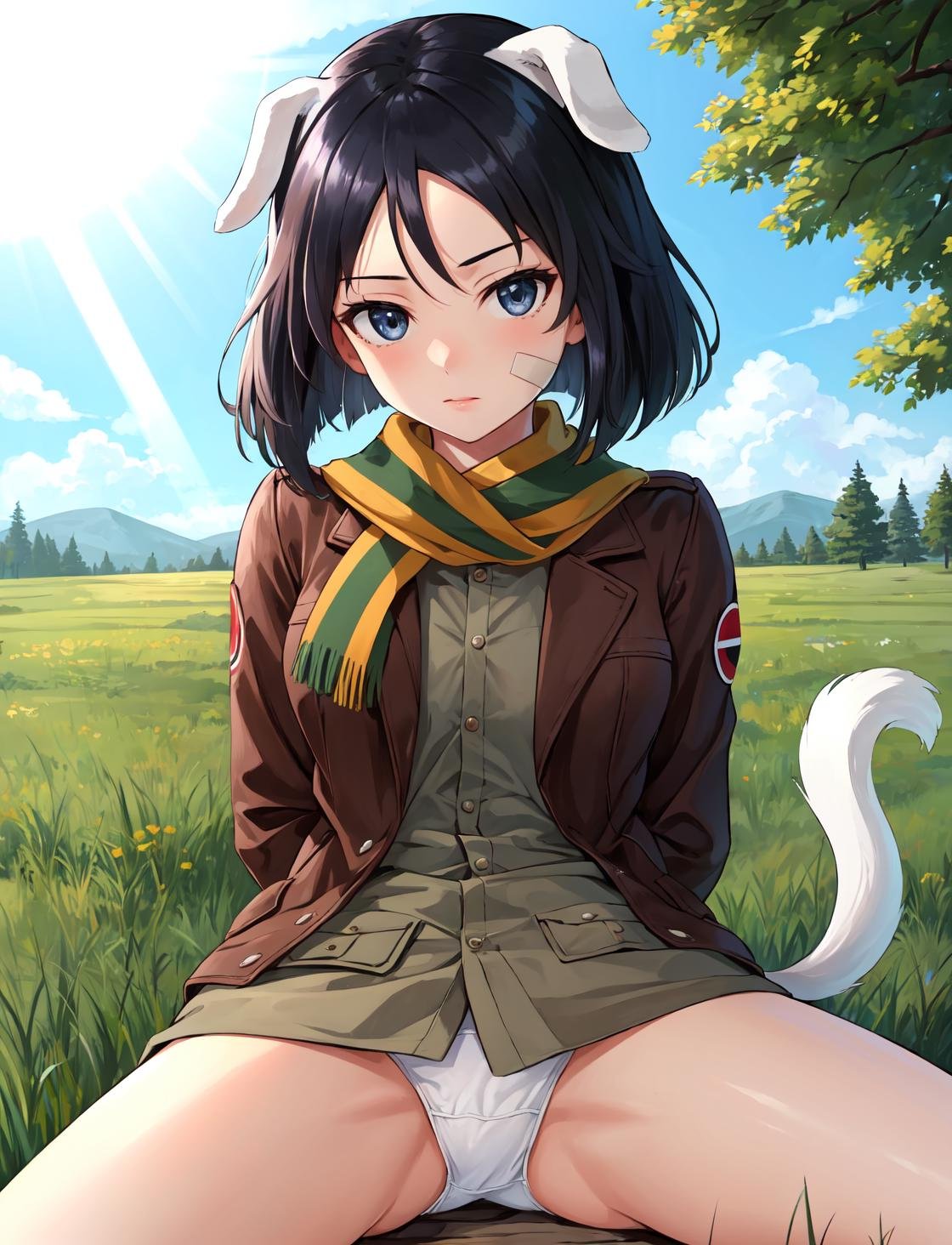 masterpiece, best quality, highres,NaoeDef, 1girl, solo, short hair, black hair, bangs, blue eyes, animal ears, black eyes, dog ears, dog tail, dog girl,shirt, long sleeves, gloves, underwear, panties, jacket, tail, open clothes, striped, scarf, uniform, military, military uniform, bandaid, brown gloves, brown jacket, bandaid on face, crotch seam, striped scarf, yellow scarf, white panties,sitting, spread legs, cowboy shot, arms behind back, leaning back, looking at viewer, outdoors, grass, field, forest, sunlight, sky, blue sky, <lora:Naoe:1>, 