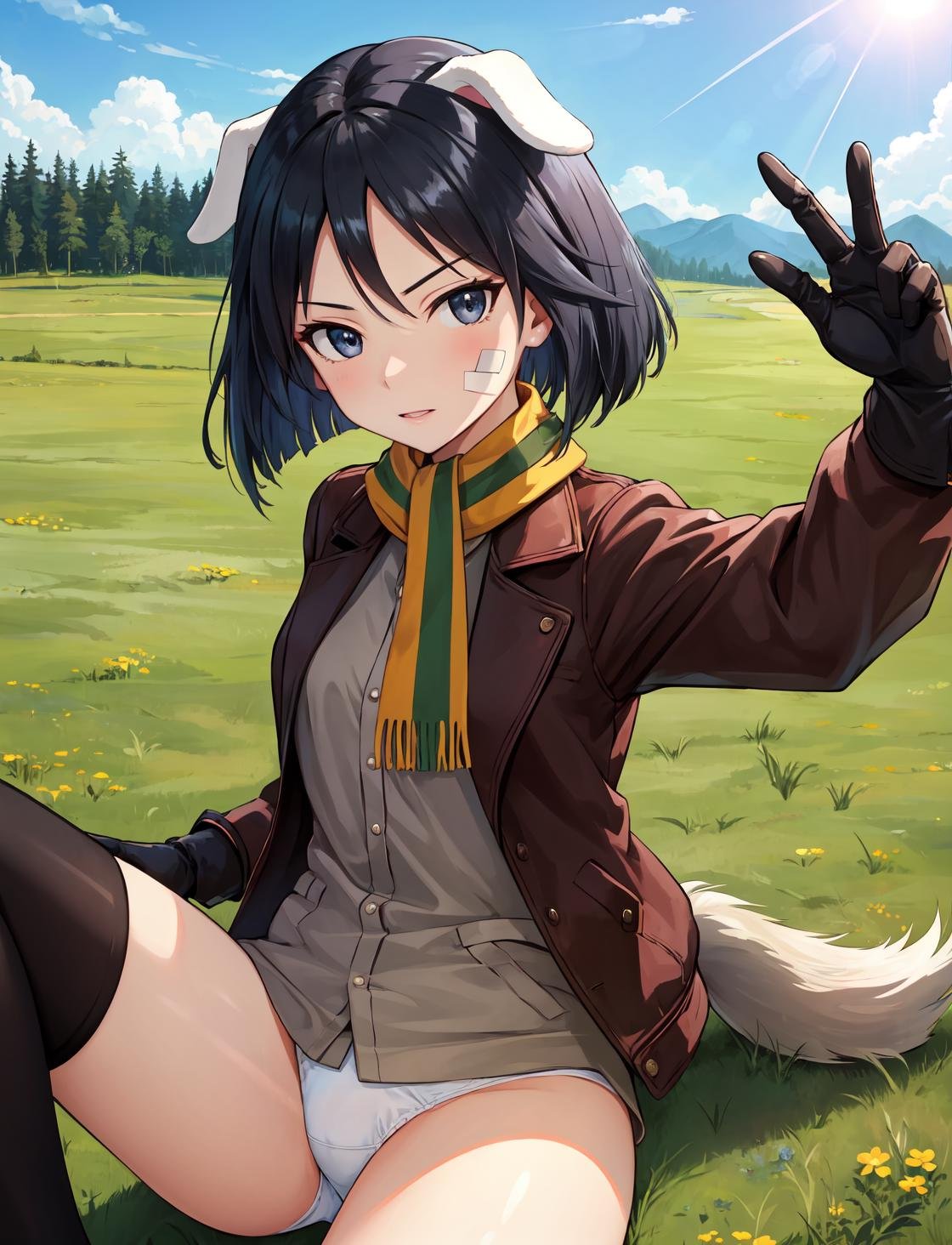 masterpiece, best quality, highres,NaoeDef, 1girl, solo, short hair, black hair, bangs, blue eyes, animal ears, black eyes, dog ears, dog tail, dog girl,shirt, long sleeves, gloves, underwear, panties, jacket, tail, open clothes, striped, scarf, uniform, military, military uniform, bandaid, brown gloves, brown jacket, bandaid on face, crotch seam, striped scarf, yellow scarf, white panties,sitting, spread legs, cowboy shot, waving, waving arms, leaning back, looking at viewer, outdoors, grass, field, forest, sunlight, sky, blue sky, <lora:Naoe:1>, 