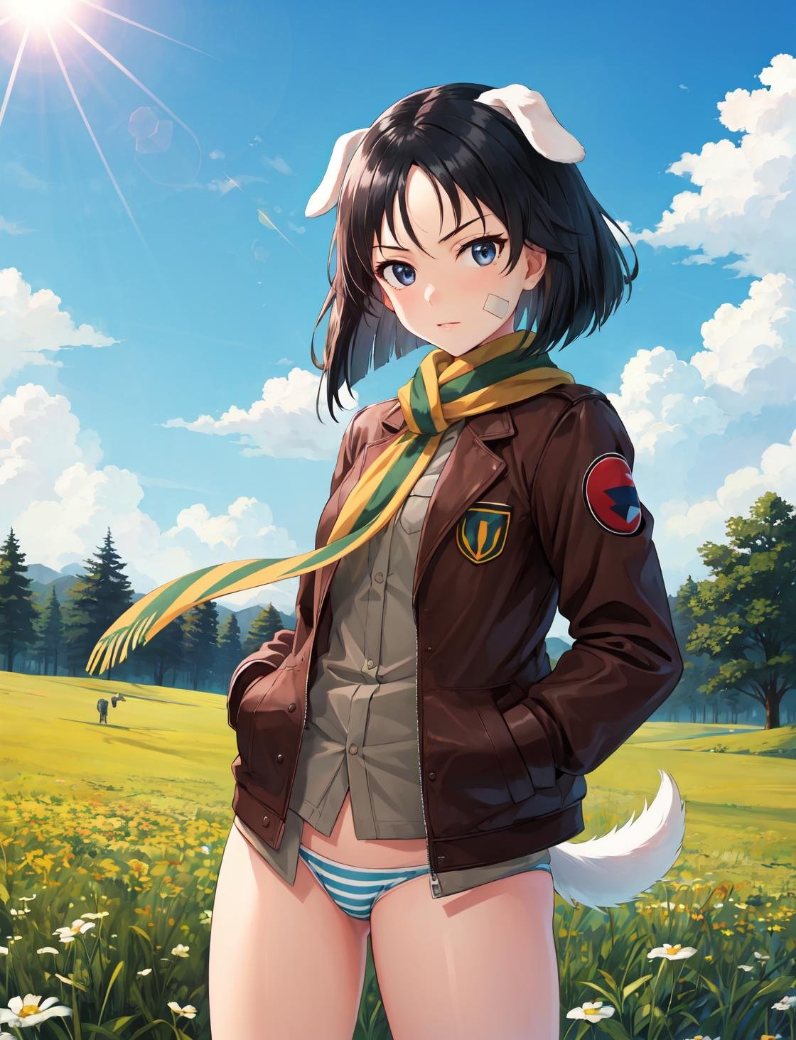 masterpiece, best quality, highres,NaoeDef, 1girl, solo, short hair, black hair, bangs, blue eyes, animal ears, black eyes, dog ears, dog tail, dog girl, shirt, long sleeves, gloves, underwear, panties, jacket, tail, open clothes, striped, scarf, uniform, military, military uniform, bandaid, brown gloves, brown jacket, bandaid on face, crotch seam, striped scarf, yellow scarf,standing, cowboy shot, hands in pockets, looking at viewer, outdoors, grass, field, forest, sunlight, sky, blue sky, <lora:Naoe:1>, kanno naoe, 