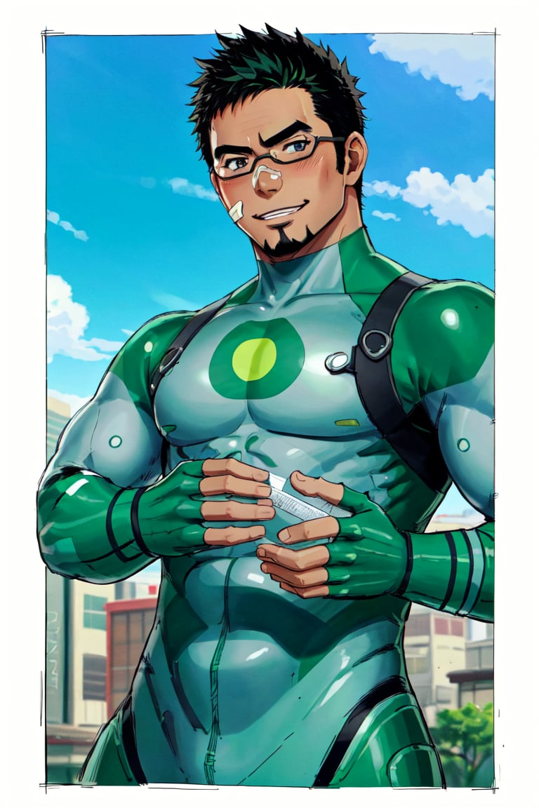 (1 image only), solo male, bara, Kyoichi Ootomo, Live A Hero, Asian, Japanese, hero short hair, black hair, green streaked hair, sideburns, black eyes, facial hair, goatee, (wore glasses), tan skin, white bandaid on nose, goggles, grey&green bodysuit, skin tight, green fingerless gloves, smile, blush, mature, handsome, charming, alluring, standing, upper body, perfect anatomy, perfect proportions, (best quality, masterpiece), (perfect eyes, perfect eye pupil), perfect hands, high_resolution, dutch angle, Japanese city steet