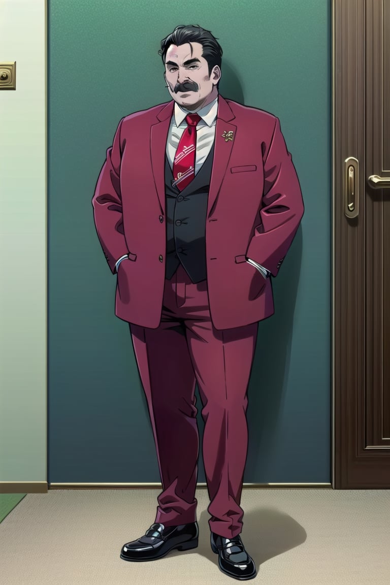 ((masterpiece))  ((high quality)) 
((beautiful details)),(( perfect focus)), (( high resolution)), ((exquisite texture in every detail)),(high quality:1.2), intricate detailed, digital art,
indoors

((1boy)) fat boy, oldman,  red jacket, black shirt ,red necktie, red pants, gray hair, black hair, moustache, black shoes
standing
full body
indoors
