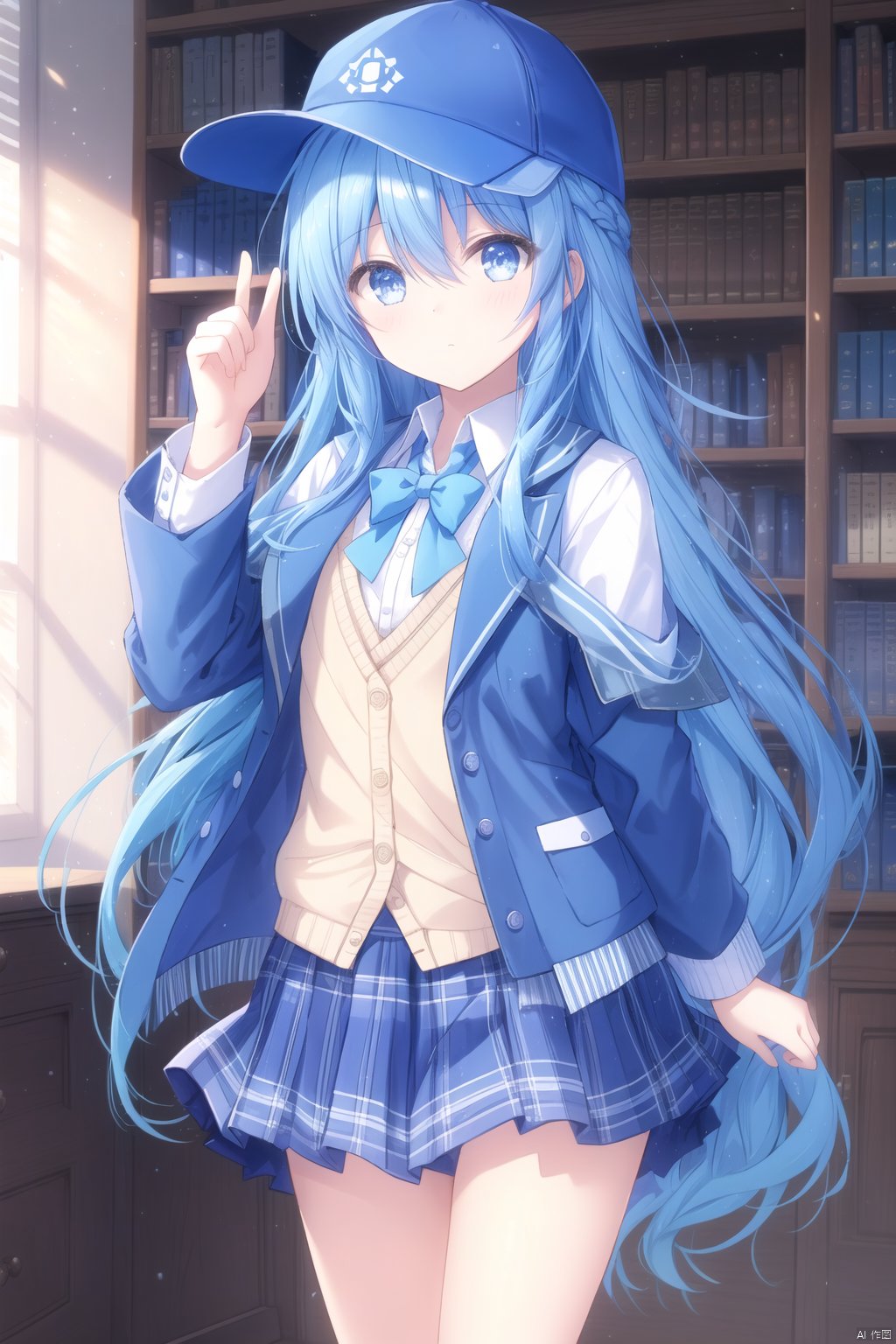 1girl, solo, long hair, looking at viewer, bangs, blue eyes, skirt, shirt, long sleeves, hat, hair between eyes, very long hair, closed mouth, blue hair, jacket, white shirt, open clothes, collared shirt, indoors, hand up, vest, sleeves past wrists, book, plaid, capelet, blue jacket, blue headwear, bookshelf, cabbie hat, Light master, kanade, (masterpiece)