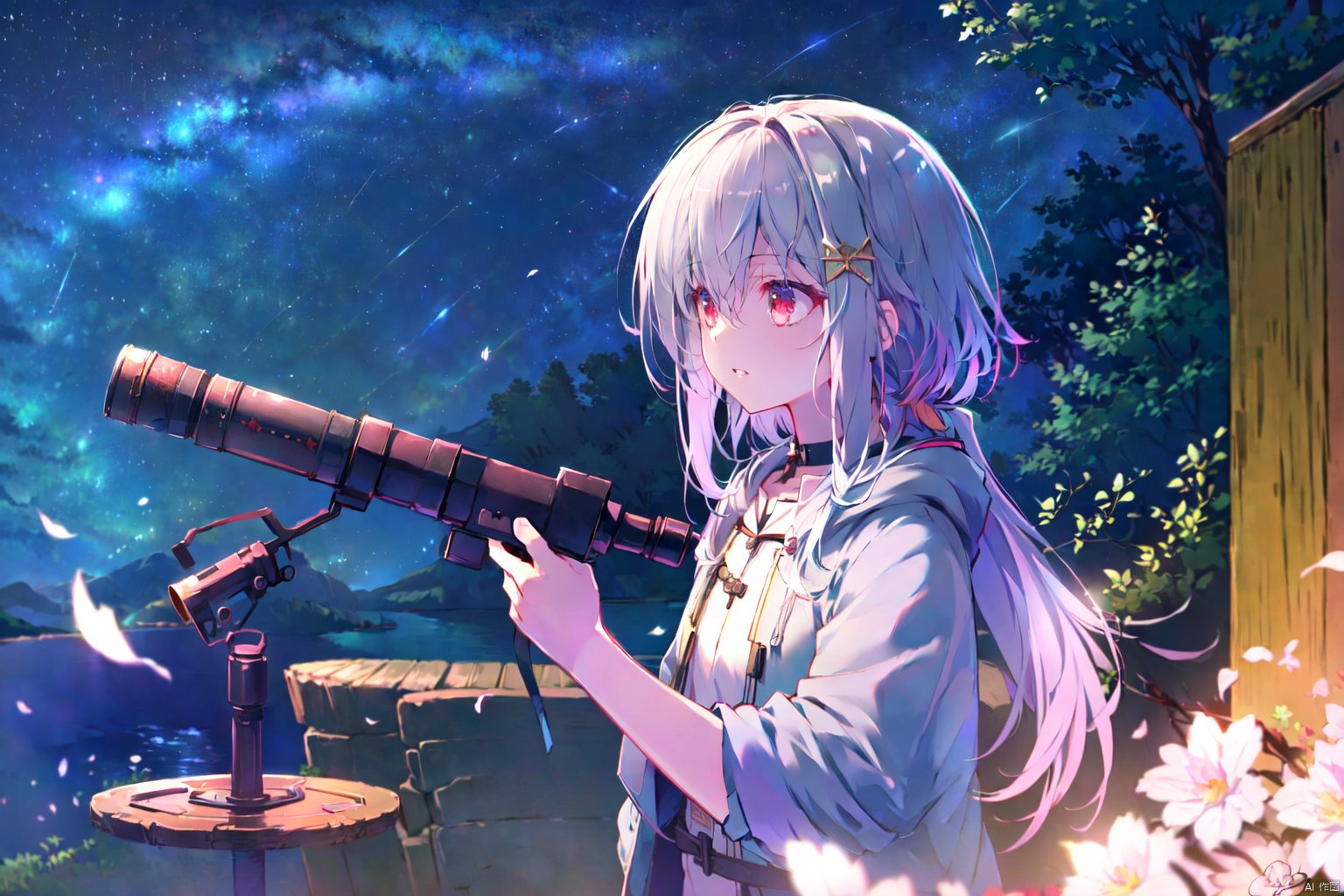  (best quality), (masterpiece),1girl, solo, hood down, outdoors, sky, starry sky, hood, hair between eyes, night, star \(sky\), night sky, bangs, long sleeves, telescope, parted lips, tree, jacket, red eyes, hooded jacket, shirt, looking away, long hair, hair ornament, signature, white shirt, upper body, sidelocks, black choker, petals, 372089