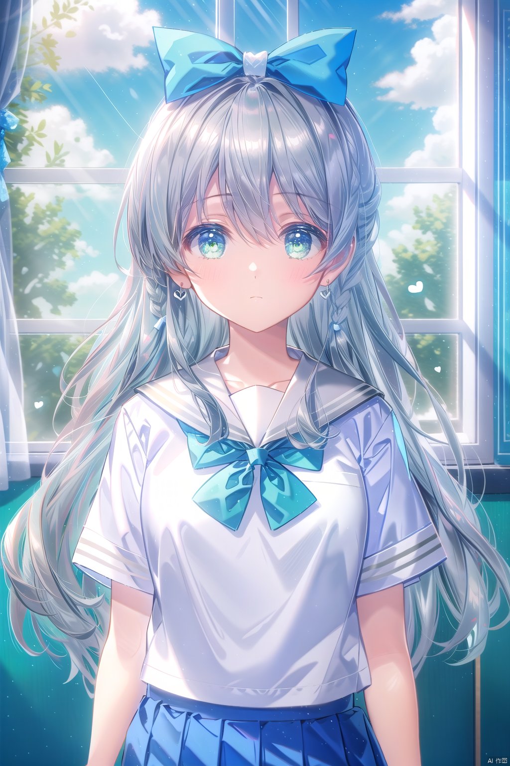  1girl, solo, long hair, looking at viewer, blush, bangs, shirt, bow, holding, hair between eyes, very long hair, school uniform, green eyes, white shirt, upper body, short sleeves, grey hair, heart, sky, serafuku, day, cloud, indoors, bowtie, sailor collar, blue sky, window, floating hair, blue bow, hair rings, blue bowtie, letter, envelope, love letter, holding envelope, holding letter