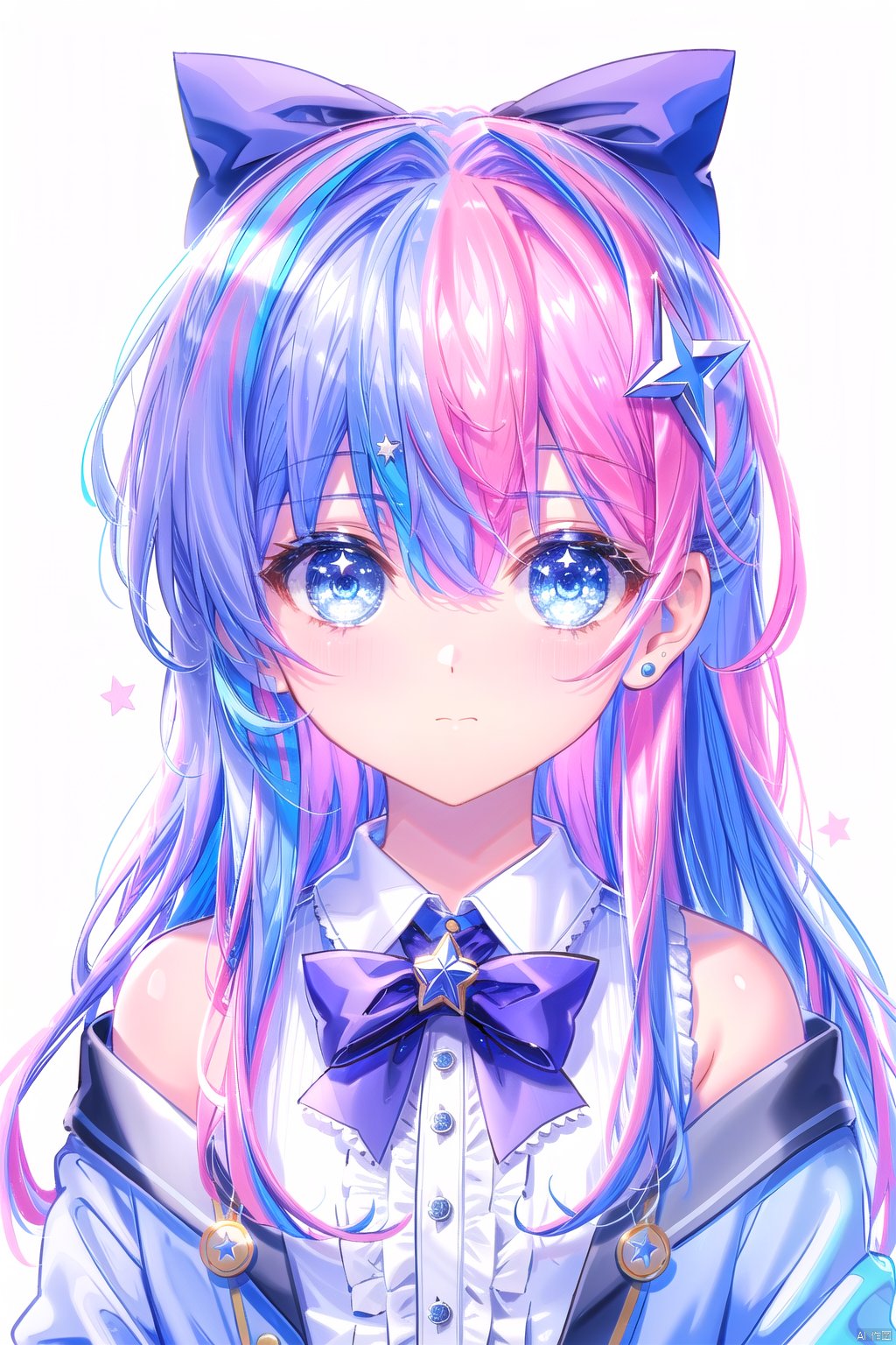  1girl, solo, long hair, looking at viewer, blush, bangs, blue eyes, simple background, shirt, hair ornament, white background, bow, ribbon, hair between eyes, bare shoulders, closed mouth, blue hair, jacket, white shirt, upper body, pink hair, hair bow, grey hair, multicolored hair, frills, collared shirt, hand up, star \(symbol\), streaked hair, symbol-shaped pupils, v, black bow, buttons, portrait, close-up, dot nose, symbol in eye, v over eye, star in eye