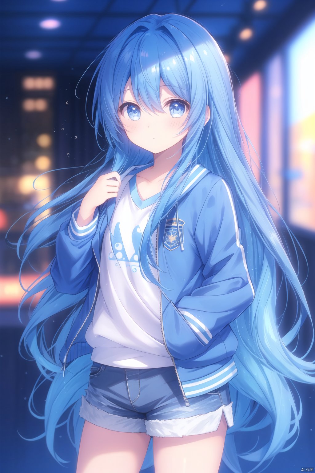  1girl, solo, long hair, looking at viewer, hair, blurry, blurry background, blush, bangs, depth of field,cuteloli,solo,long hair,blue eyes,shirt,hair between eyes,very long hair,blue hair,standing,jacket,,shorts,short shorts,,blue jacket,track jacket,chibi, kanade