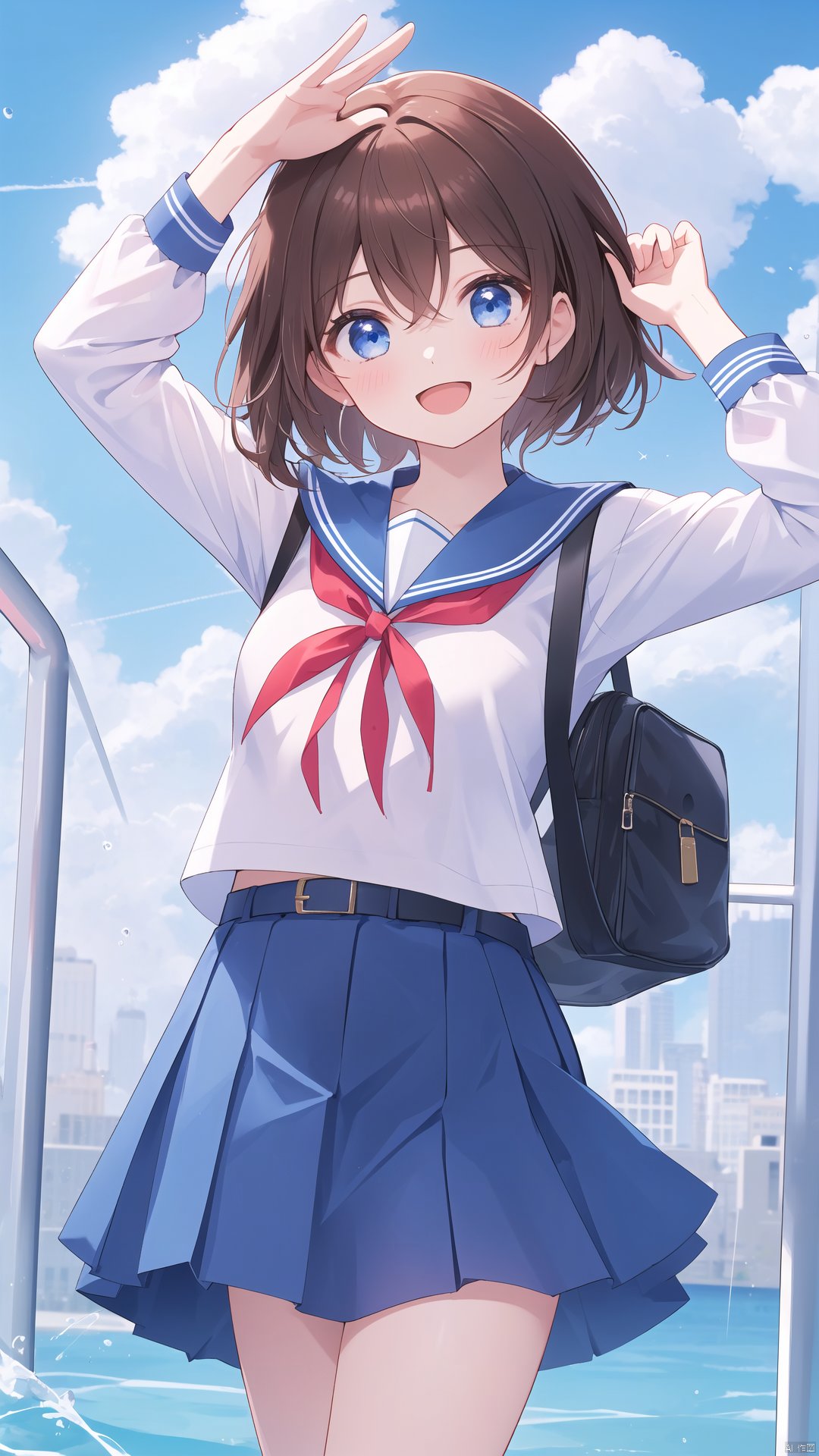  1girl, solo, looking at viewer, blush, smile, short hair, open mouth, bangs, blue eyes, skirt, brown hair, shirt, long sleeves, ribbon, hair between eyes, school uniform, standing, white shirt, :d, sidelocks, cowboy shot, pleated skirt, outdoors, sky, serafuku, day, belt, cloud, sailor collar, water, arm up, red ribbon, blue sky, blue skirt, neck ribbon, blue sailor collar