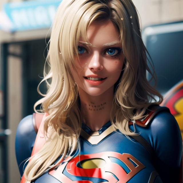 Samara Weaving in Guns Akimbo, (blonde supergirl), wearing tight metallic supergirl suit, (gigantic breasts), close-up, focus on face, smirking