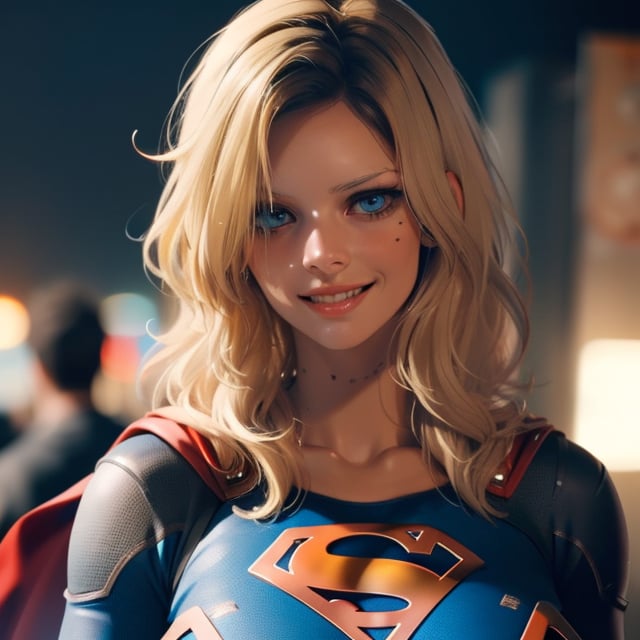 Samara Weaving in Guns Akimbo, (blonde supergirl), wearing tight metallic supergirl suit, (gigantic breasts), close-up, focus on face, smirking