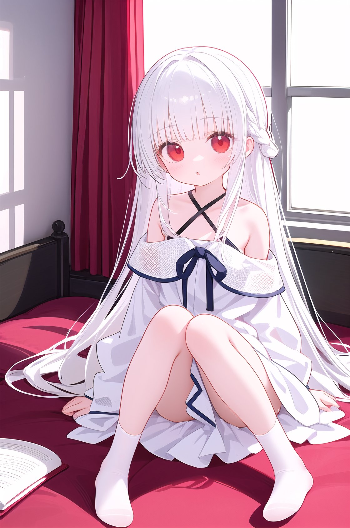 1girl,loli,student,petite,white hair,long hair,straight_hair,otaku room,white-off-shoulder_dress,red eyes,knees_together_feet_apart,