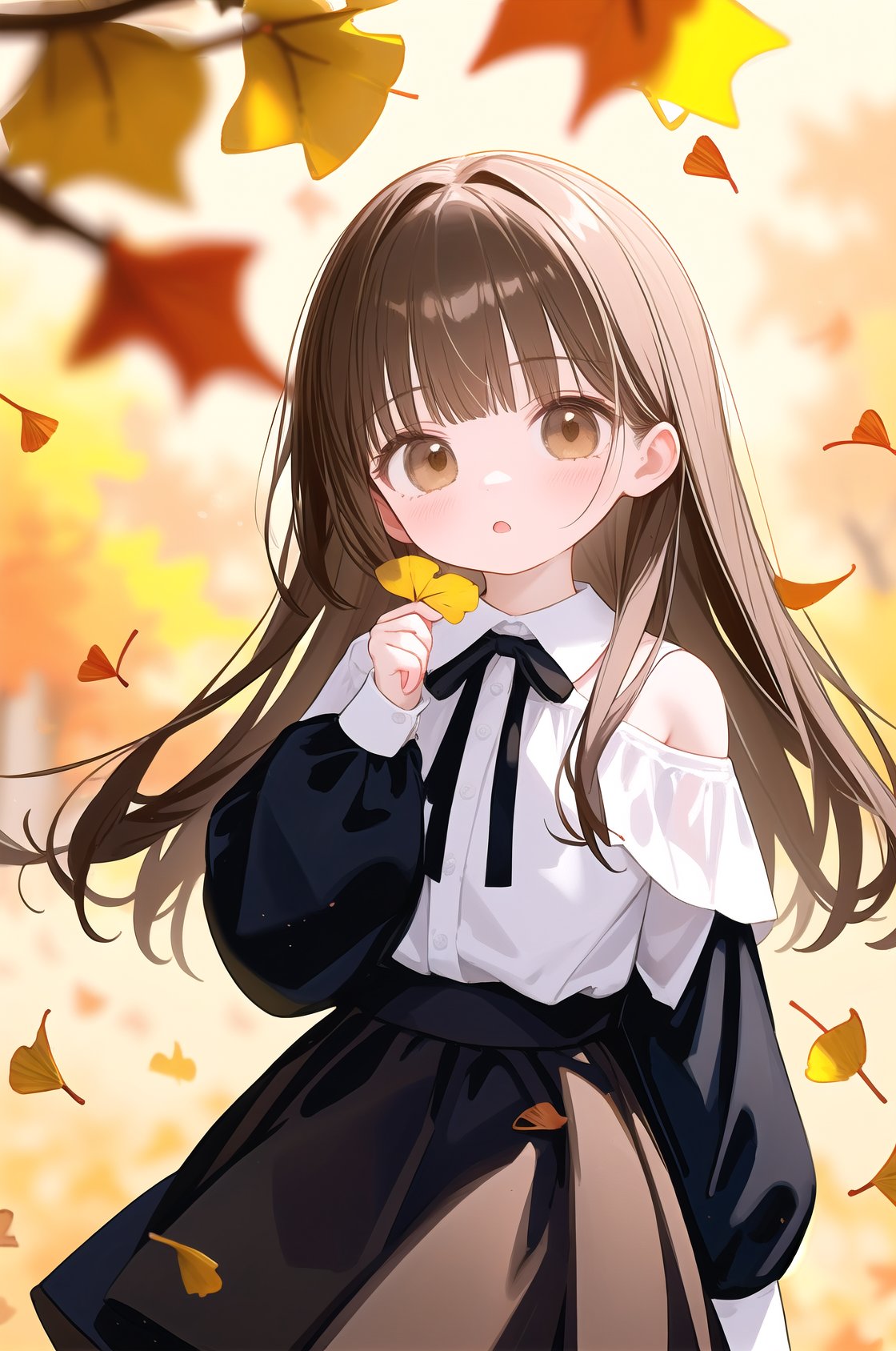 1girl,solo,holding leaf,long hair,ginkgo leaf,brown eyes,skirt,looking at viewer,holding,ribbon,hair ribbon,long sleeves,shirt,blurry,leaf,blurry background,bangs,off shoulder,brown skirt,black ribbon,brown hair,blush,depth of field,white shirt,hand up,autumn leaves,black shirt,