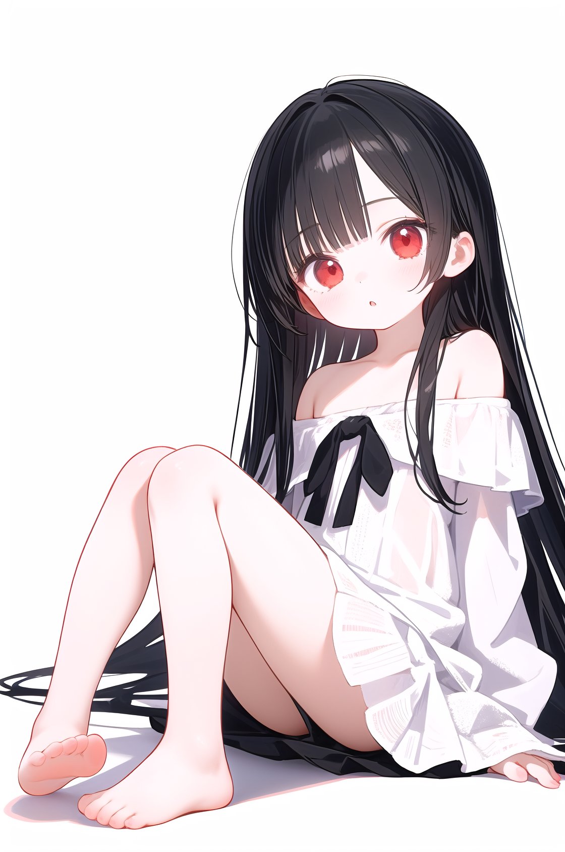 1girl,loli,student,petite,long hair,straight_hair,otaku room,white-off-shoulder_dress,red eyes,knees_together_feet_apart,black hair,simple_background,