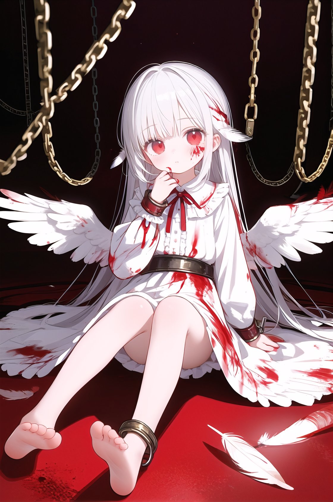 masterpiece,best quality,loli,1girl,solo,wings,blood,long hair,sitting,chain,red eyes,blood on hands,feathered wings,barefoot,blood on face,blood from eyes,dress,long sleeves,cuffs,feathers,frills,looking at viewer,very long hair,white wings,bandages,shackles,bangs,