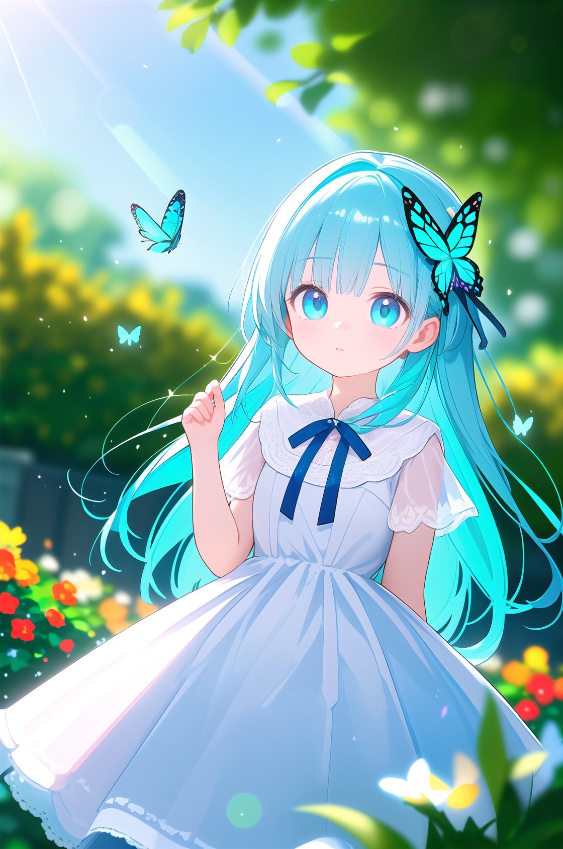 wide shot,(depth of field),global illumination,soft shadows,backlight,lens flare,((colorful refraction)),((cinematic lighting)),looking outside,with butterfly,1girl with lightblue long hair and blue aqua eyes,hair flowers,hime cut,blurry background,blurry,garden,White Dress,(solo_focus:1.3),(bust:1.2),dutch angle,