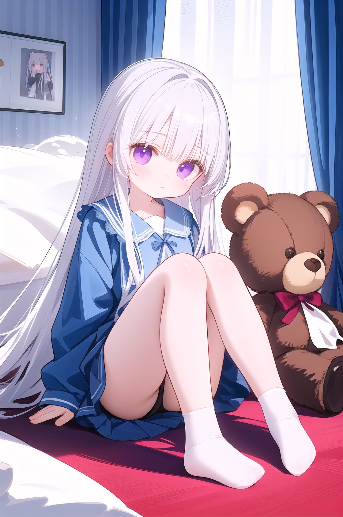 1girl,loli,no shoes,solo,long hair,purple eyes,soles,feet,stuffed toy,stuffed animal,white hair,long sleeves,looking at viewer,bangs,sitting,closed mouth,very long hair,sleeves past wrists,shirt,blue shirt,foreshortening,full body,legs,teddy bear,knees up,curtains,straight_hair,