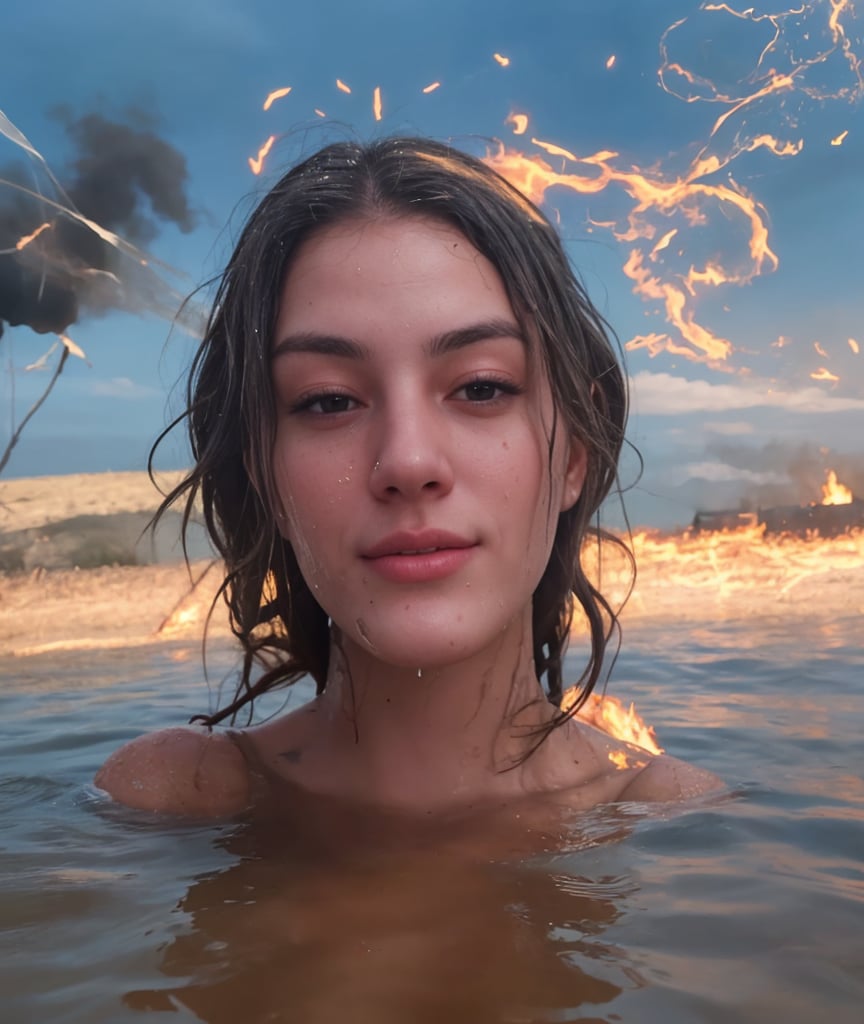 (very detailed), (realistic), (photography), a dirty wet woman with messy hair, camera up, dramatic scene, a woman in a burning field with a fire at the bottom of the water, skin and hair, high skin detail, 4k, film, cinematic, ((MagicPerez))