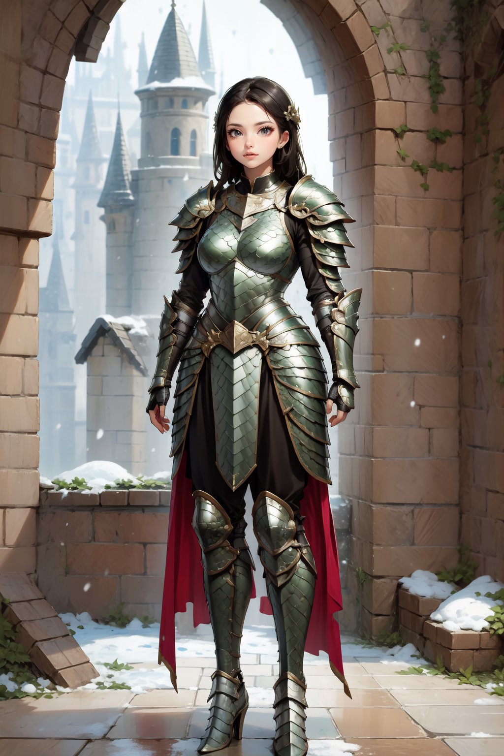 Beautiful 27 year old woman, (brown eyes), ((strong physique body)), (black hair), long_hair: 1.3, , bangs, (serious look), hourglass body shape, detailed eyes, normal breasts quality, slim waist, (strong physique), upper body , gauntlets, (detailed armor), lower body armor, black cape, broken stone floor, broken stone wall, snow falling, ((full-body_portrait)), (evil aura around her), Commander of knights,dragon armor,peipei0217