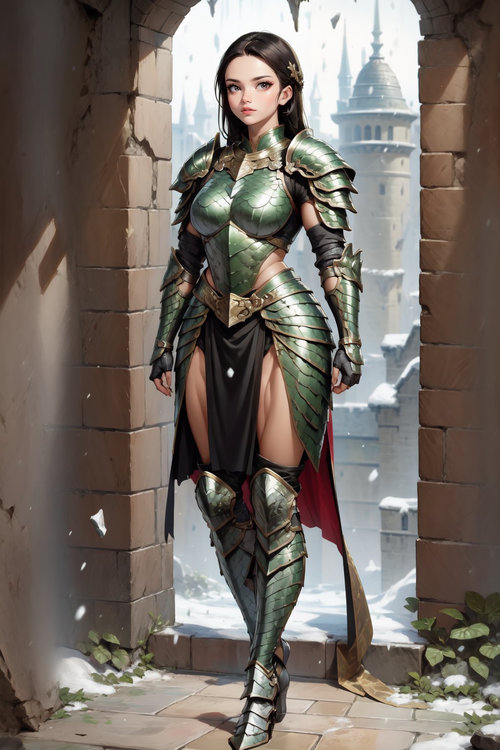 Beautiful 27 year old woman, (brown eyes), ((strong physique body)), (black hair), long_hair: 1.3, , bangs, (serious look), hourglass body shape, detailed eyes, normal breasts quality, slim waist, (strong physique), upper body , gauntlets, (detailed armor), lower body armor, black cape, broken stone floor, broken stone wall, snow falling, ((full-body_portrait)), (evil aura around her), Commander of knights,dragon armor,peipei0217