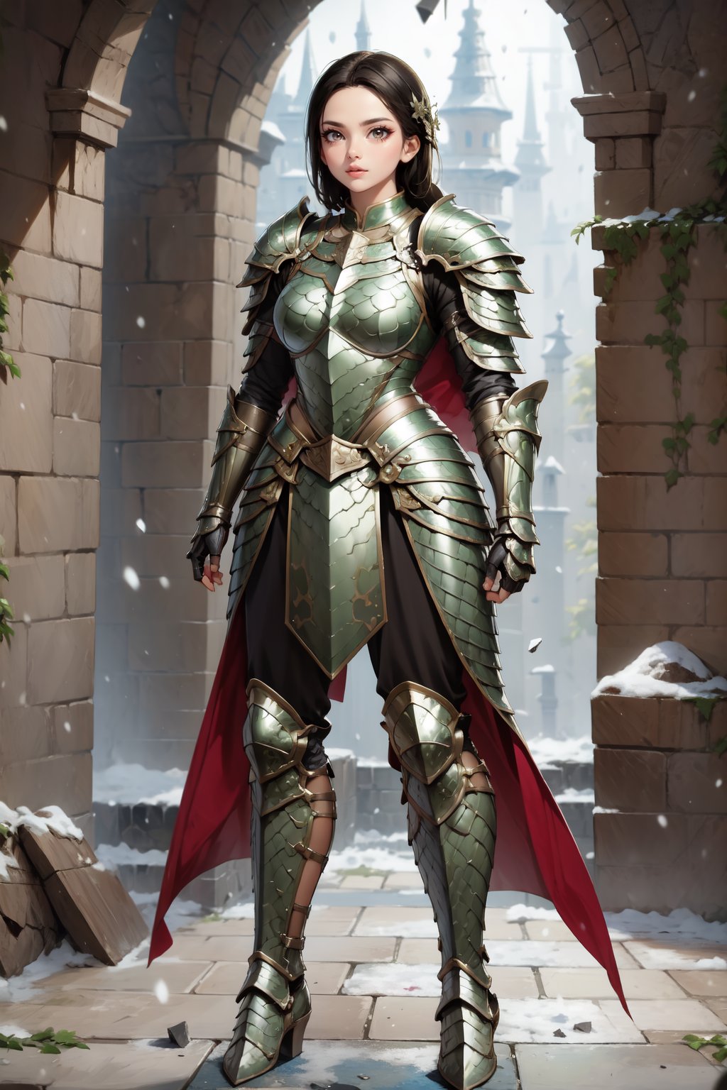 Beautiful 27 year old woman, (brown eyes), ((strong physique body)), (black hair), long_hair: 1.3, , bangs, (serious look), hourglass body shape, detailed eyes, normal breasts quality, slim waist, (strong physique), upper body , gauntlets, (detailed armor), lower body armor, black cape, broken stone floor, broken stone wall, snow falling, ((full-body_portrait)), (evil aura around her), Commander of knights,dragon armor,peipei0217