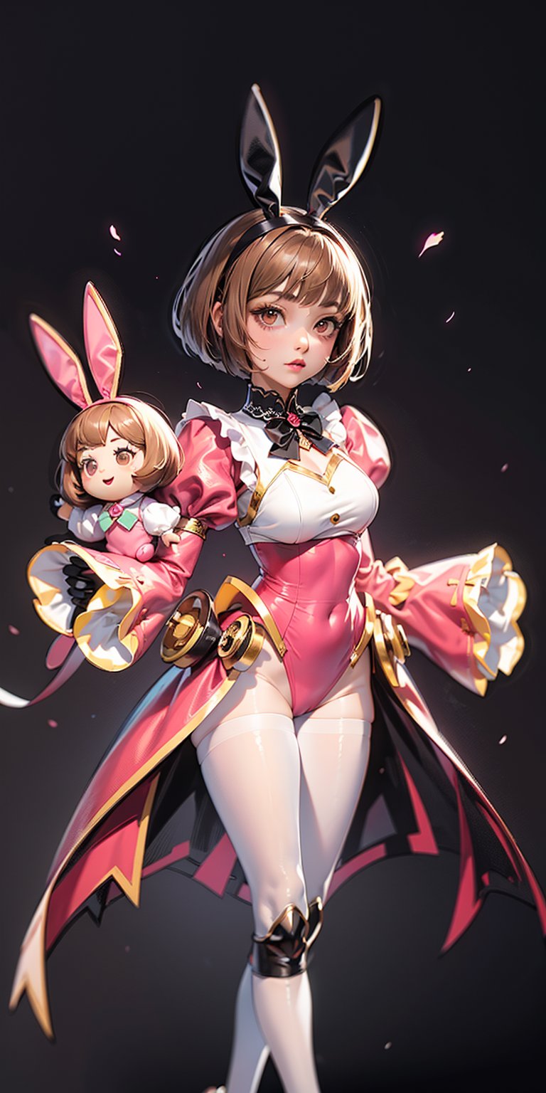 1girl, (((black background))), vibrant colors, (short_hair, bob_cut, brown_hair,)), brown_eyes, large breasts, ((, dress, puffy_sleeves, pink dress, long_sleeve, leotard)), ((black background)), white pantyhose, head and shoulder, bunny_ears, joints, doll_joints, 