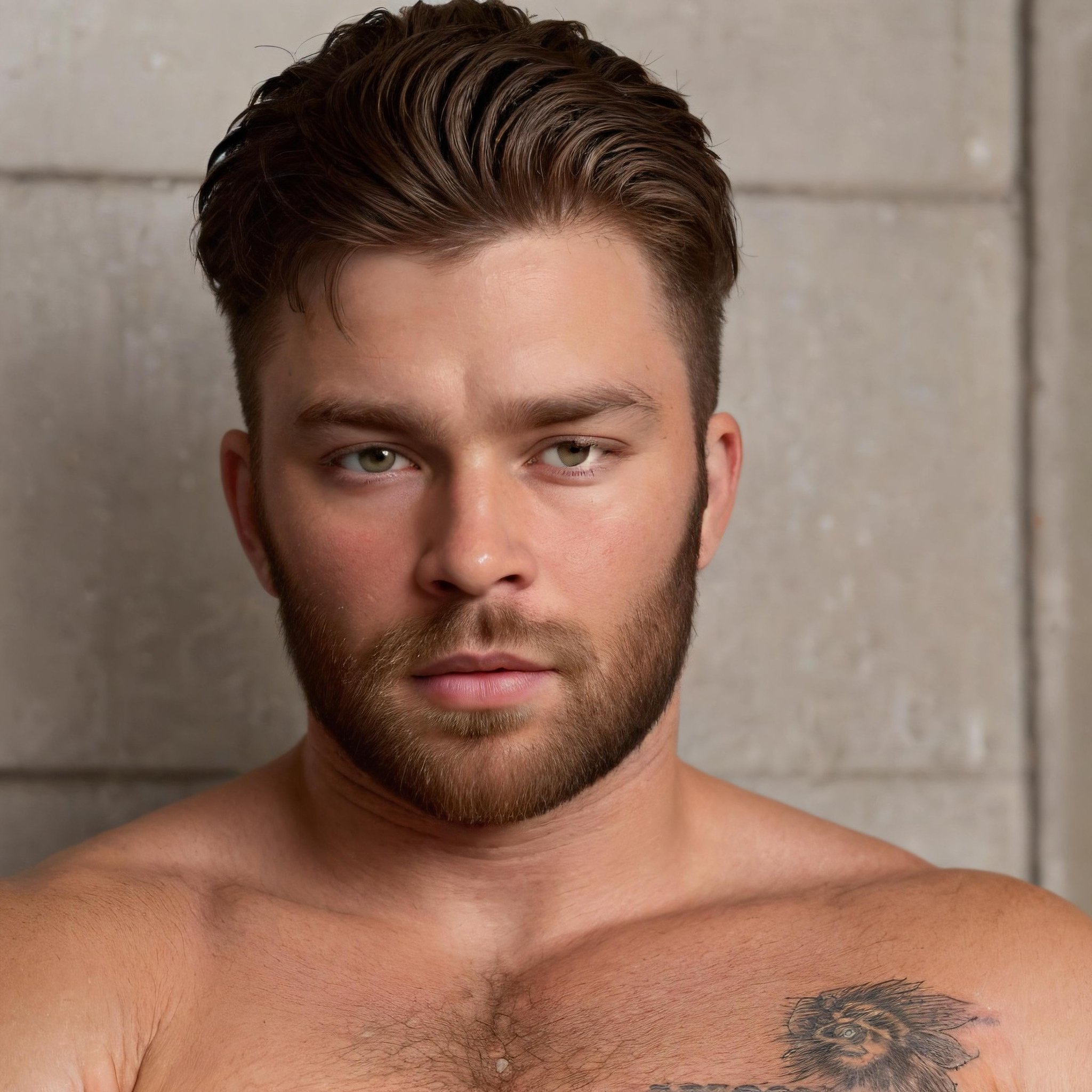 <lora:Lexnstuff:0.6>, 1boy, 1male, (face:1) focus, arm hair, eyes, arm tattoo, beard, black hair, brown hair, chest hair, chest tattoo, closed mouth, facial hair, lexnstuff, (looking at viewer), male focus, muscular, parted lips, realistic, short hair, solo, tattoo, upper body