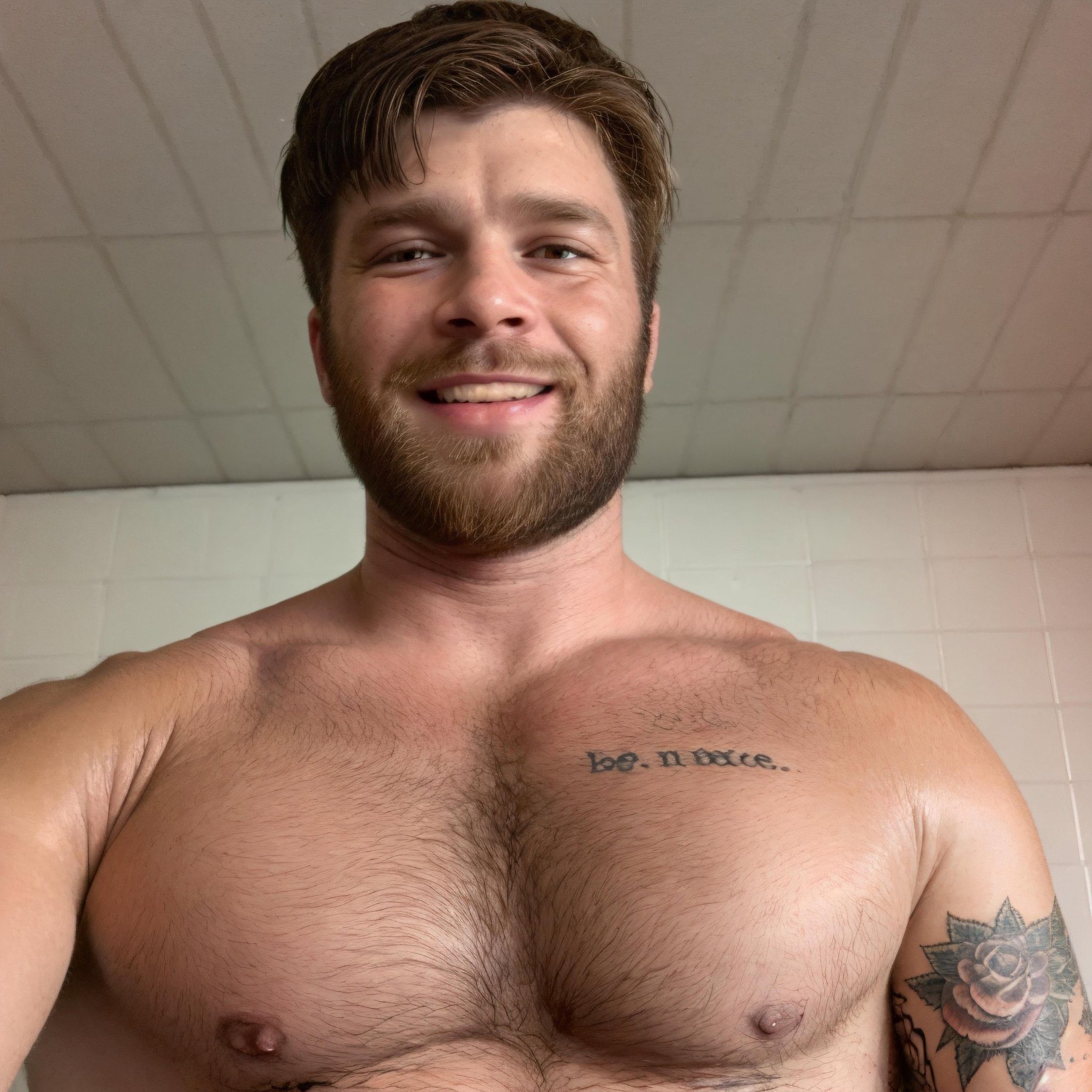 <lora:Lexnstuff:0.7>, 1boy, 1male, (face:1.1), arm hair, arm tattoo, beard, black hair, brown hair, chest hair, chest tattoo, closed mouth, facial hair, lexnstuff, happy, teeth,(looking at viewer), male focus, muscular, parted lips, realistic, short hair, solo, tattoo, upper body