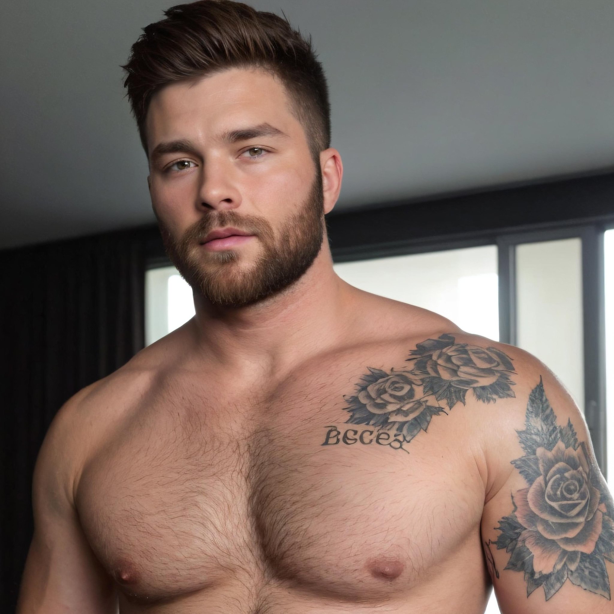 <lora:Lexnstuff:0.4>, 1boy, 1male, (face:1.5) (focus face:1.3), eyes, beard, black hair, brown hair, chest hair, chest tattoo, closed mouth, facial hair, lexnstuff, (looking at viewer), male focus, parted lips, realistic, short hair, solo, tattoo