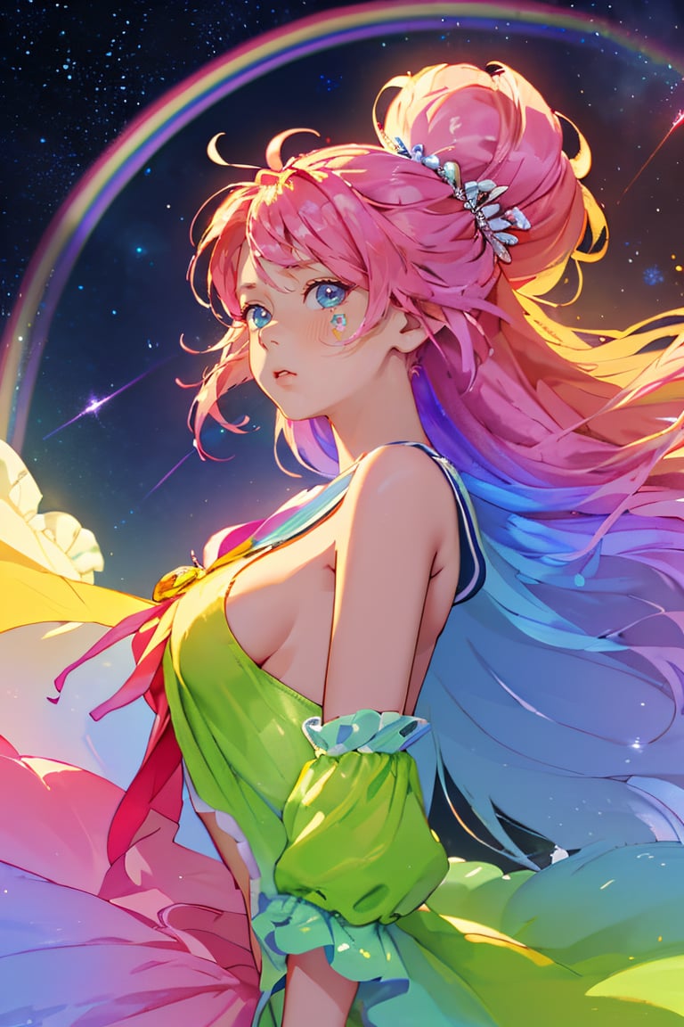 ((extremely detailed CG)),((8k_wallpaper)),(((masterpiece))),((best quality)),watercolor_(medium),((beautiful detailed starry sky)),cinmatic lighting,loli,princess,very long rainbow hair,side view,looking at viewer,full body,frills,(far from viewer),((extremely detailed face)),((an extremely delicate and beautiful girl)),((extremely detailed cute anime face)),((extremely detailed eyes)),(((extremely detailed body))),(ultra detailed),illustration,((bare stomach)),((bare shoulder)),small breast,((sideboob)),((((floating and rainbow hair)))),(((Iridescence and rainbow hair))),(((extremely detailed sailor dress))),((((Iridescence and rainbow dress)))),(Iridescence and rainbow eyes),beautiful detailed hair,beautiful detailed dress,dramatic angle,expressionless,(big top sleeves),frills,blush,(ahoge), very young looking, youthful, in the 20s,  CherieChung    , ,Pixel art,3D MODEL