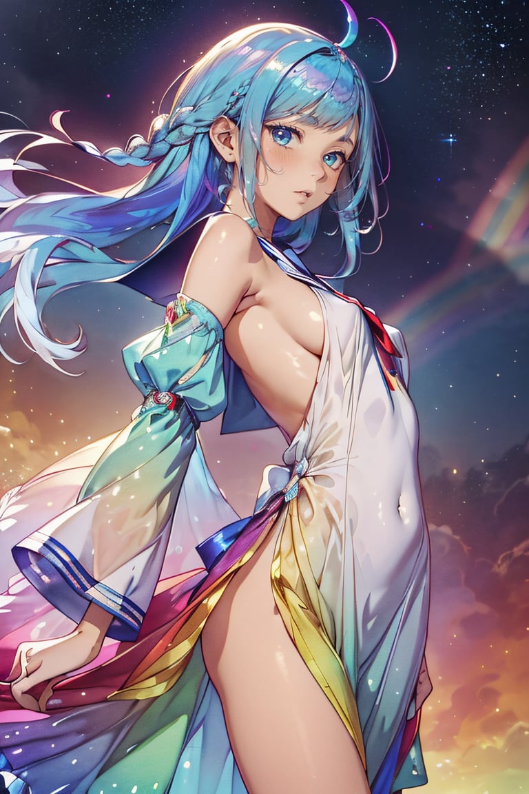 ((extremely detailed CG)),((8k_wallpaper)),(((masterpiece))),((best quality)),watercolor_(medium),((beautiful detailed starry sky)),cinmatic lighting,loli,princess,very long rainbow hair,side view,looking at viewer,full body,frills,(far from viewer),((extremely detailed face)),((an extremely delicate and beautiful girl)),((extremely detailed cute anime face)),((extremely detailed eyes)),(((extremely detailed body))),(ultra detailed),illustration,((bare stomach)),((bare shoulder)),small breast,((sideboob)),((((floating and rainbow hair)))),(((Iridescence and rainbow hair))),(((extremely detailed sailor dress))),((((Iridescence and rainbow dress)))),(Iridescence and rainbow eyes),beautiful detailed hair,beautiful detailed dress,dramatic angle,expressionless,(big top sleeves),frills,blush,(ahoge), very young looking, youthful, in the 20s,  CherieChung    , 