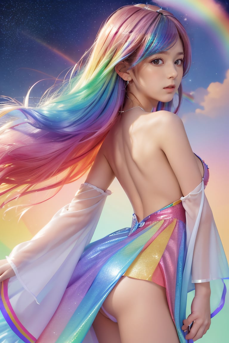 ((extremely detailed CG)),((8k_wallpaper)),(((masterpiece))),((best quality)),watercolor_(medium),((beautiful detailed starry sky)),cinmatic lighting,loli,princess,very long rainbow hair,side view,looking at viewer,full body,frills,(far from viewer),((extremely detailed face)),((an extremely delicate and beautiful girl)),((extremely detailed cute anime face)),((extremely detailed eyes)),(((extremely detailed body))),(ultra detailed),illustration,((bare stomach)),((bare shoulder)),small breast,((sideboob)),((((floating and rainbow hair)))),(((Iridescence and rainbow hair))),(((extremely detailed sailor dress))),((((Iridescence and rainbow dress)))),(Iridescence and rainbow eyes),beautiful detailed hair,beautiful detailed dress,dramatic angle,expressionless,(big top sleeves),frills,blush,(ahoge), very young looking, youthful, in the 20s,  CherieChung    , 