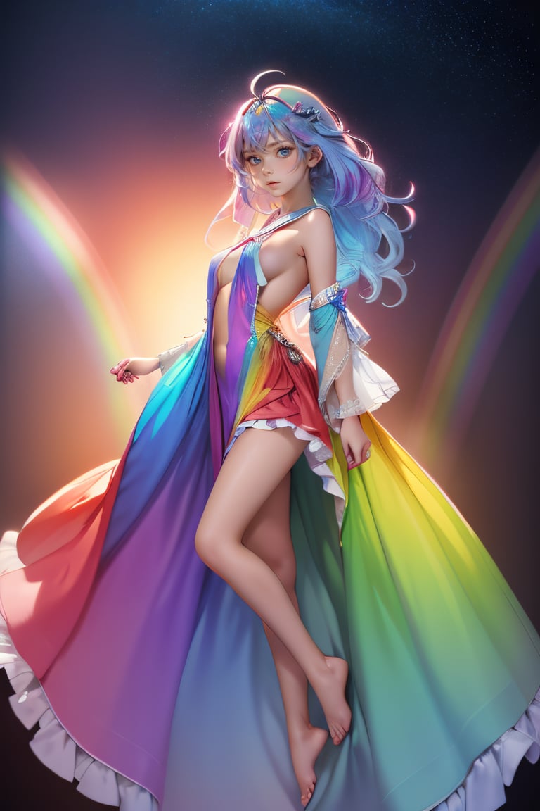 ((extremely detailed CG)),((8k_wallpaper)),(((masterpiece))),((best quality)),watercolor_(medium),((beautiful detailed starry sky)),cinmatic lighting,loli,princess,very long rainbow hair,side view,looking at viewer,full body,frills,(far from viewer),((extremely detailed face)),((an extremely delicate and beautiful girl)),((extremely detailed cute anime face)),((extremely detailed eyes)),(((extremely detailed body))),(ultra detailed),illustration,((bare stomach)),((bare shoulder)),small breast,((sideboob)),((((floating and rainbow hair)))),(((Iridescence and rainbow hair))),(((extremely detailed sailor dress))),((((Iridescence and rainbow dress)))),(Iridescence and rainbow eyes),beautiful detailed hair,beautiful detailed dress,dramatic angle,expressionless,(big top sleeves),frills,blush,(ahoge), very young looking, youthful, in the 20s,  CherieChung    , 