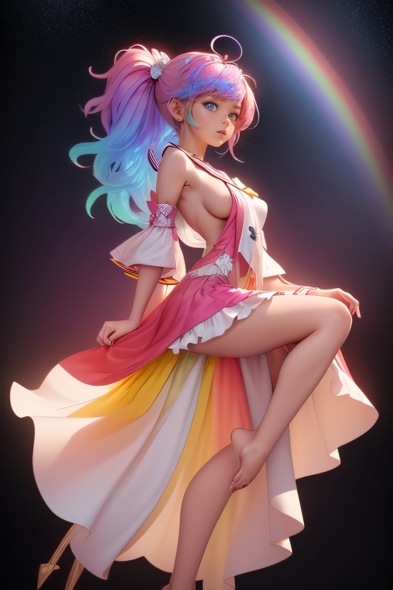 ((extremely detailed CG)),((8k_wallpaper)),(((masterpiece))),((best quality)),watercolor_(medium),((beautiful detailed starry sky)),cinmatic lighting,loli,princess,very long rainbow hair,side view,looking at viewer,full body,frills,(far from viewer),((extremely detailed face)),((an extremely delicate and beautiful girl)),((extremely detailed cute anime face)),((extremely detailed eyes)),(((extremely detailed body))),(ultra detailed),illustration,((bare stomach)),((bare shoulder)),small breast,((sideboob)),((((floating and rainbow hair)))),(((Iridescence and rainbow hair))),(((extremely detailed sailor dress))),((((Iridescence and rainbow dress)))),(Iridescence and rainbow eyes),beautiful detailed hair,beautiful detailed dress,dramatic angle,expressionless,(big top sleeves),frills,blush,(ahoge), very young looking, youthful, in the 20s,  CherieChung    , ,Pixel art,3D MODEL