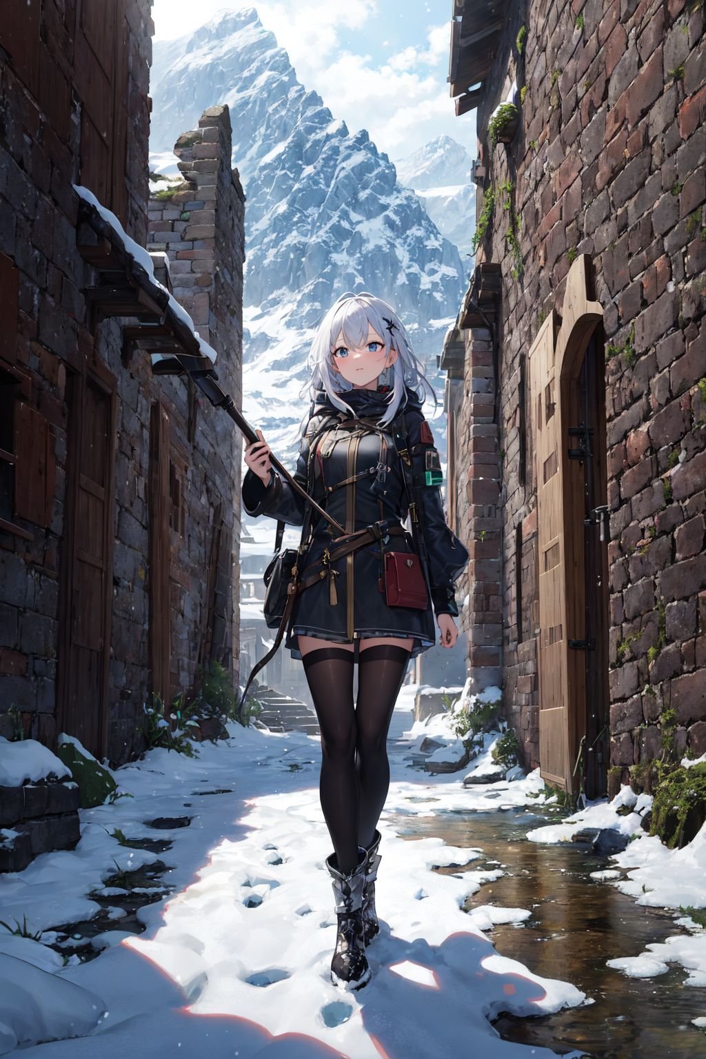 ((masterpiece)), (best quality),official art, extremely detailed CG unity 8k wallpaper, highly detailed, shiny skin, Depth of field, vivid color,1girl, (skinny:1.3), narrow waist,snowy landscape, with snow-capped mountains, panorama, Illustrate the ruins of an ancient castle, with crumbling walls, mysterious passageways, and a sense of history and intrigue, water, moss