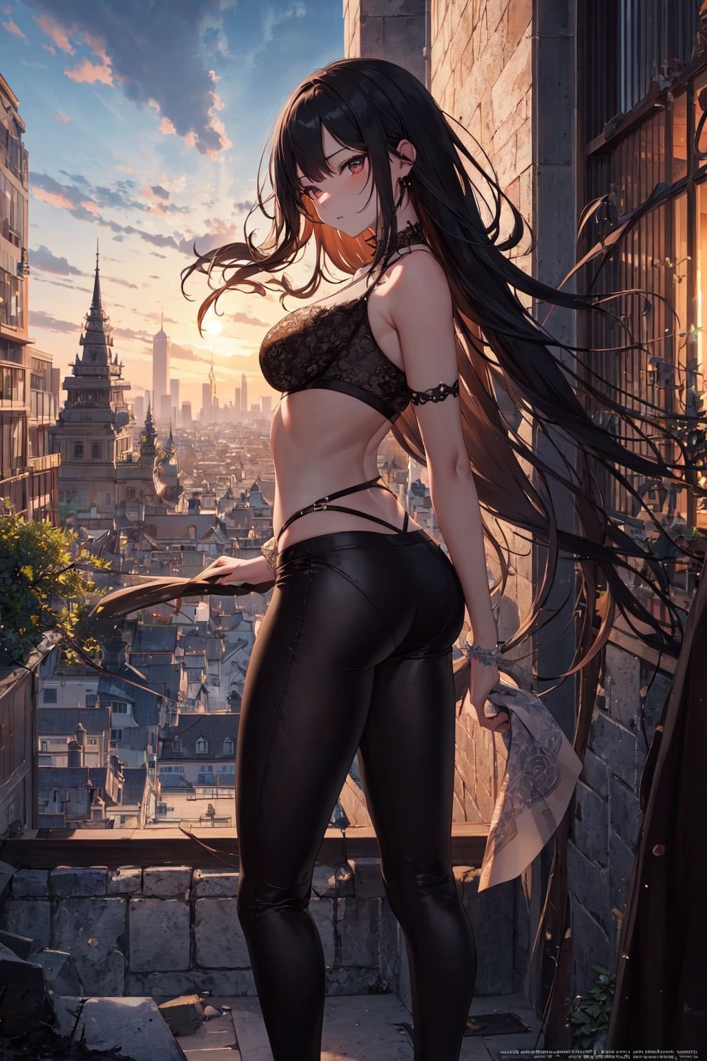 ((masterpiece)), (best quality),official art, extremely detailed CG unity 8k wallpaper, highly detailed, shiny skin, Depth of field, vivid color,1girl, (skinny:1.3), narrow waist,Create an image of a destructive demon, with fearsome features, dark powers, and a thirst for chaos and ruin, Design a beautiful temple scene, with intricate architecture, lush gardens, and a sense of peace and spirituality, Create a rooftop view in an urban setting, with panoramic cityscapes, dramatic skylines, and a sense of elevation, Illustrate an image using pointillism, with tiny dots of color meticulously placed to create a cohesive and visually stunning whole.