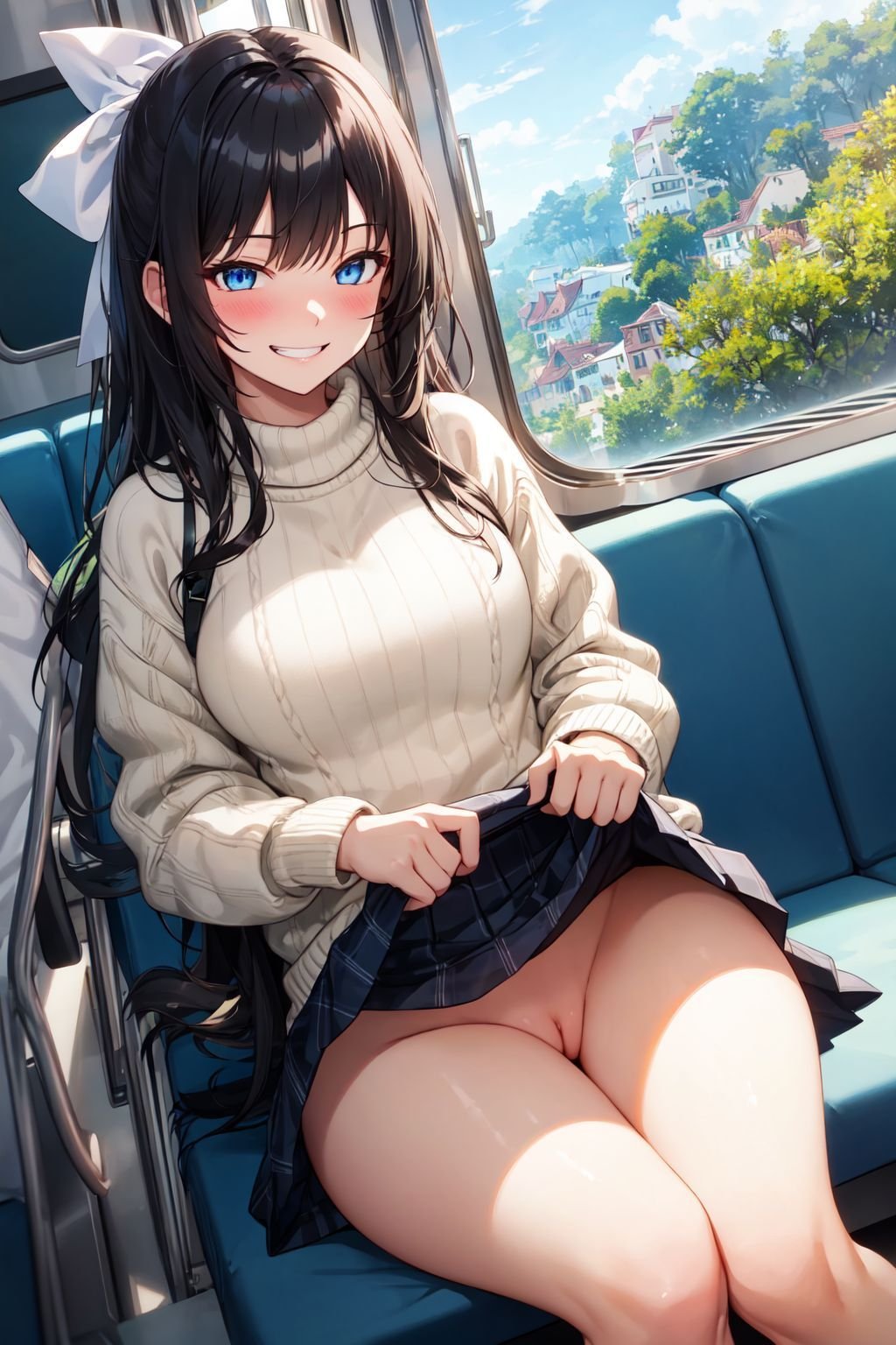 ((masterpiece)), (best quality),official art, extremely detailed CG unity 8k wallpaper, highly detailed, shiny skin, Depth of field, vivid color,1girl, (curvy:0.8), (full body:0.6),solo, sweater, skirt lift, white skirt, no panties, pussy, blush, black hair, long hair, hair ribbon, (public:1.1), glowing eyes, blue eyes, embarrassed, sitting, in train, train interior, (evil smile:1.2), nature, window,