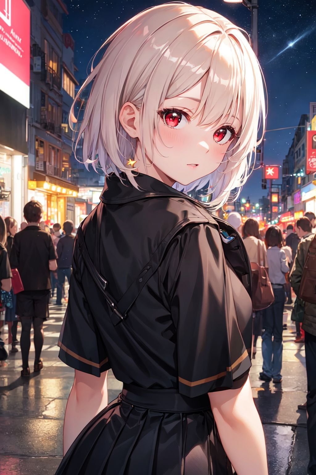 ((masterpiece)), (best quality),official art, extremely detailed CG unity 8k wallpaper, highly detailed, shiny skin, Depth of field, vivid color,1girl, (curvy:0.4), (full body:0.6),short hair, bangs, red eyes, skirt, looking at viewer, night, street, neon, looking back, star \(sky\), crowd, upper body,